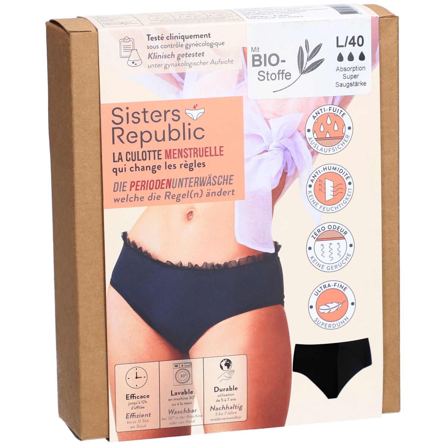 SISTERS REPUBLIC Culotte menstruelle Colette Taille L Noir Super Absorption