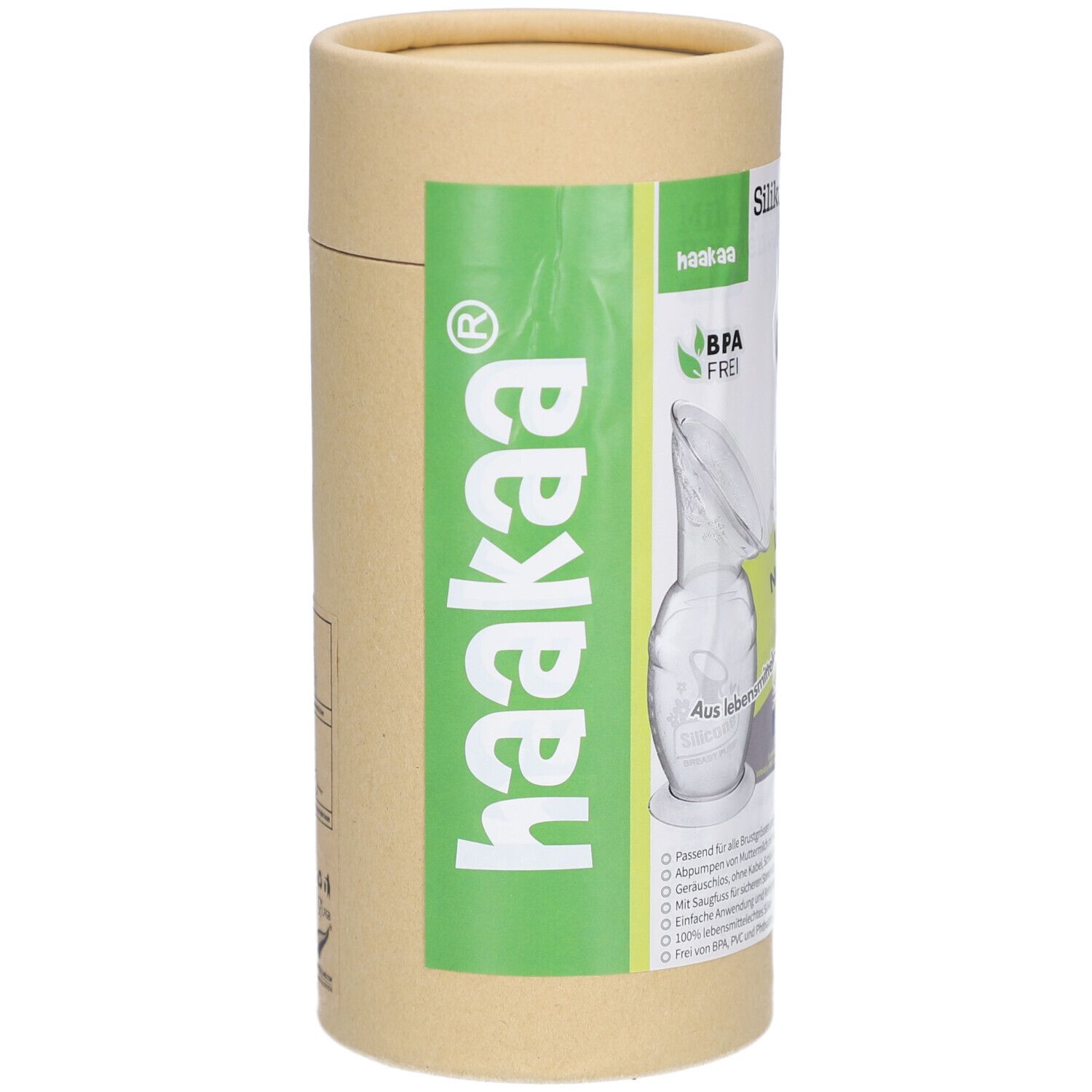 Emballage cylindrique. Impression: Logo Haakaa, sans BPA. Illustration du produit. Autocollant vert et blanc avec informations.