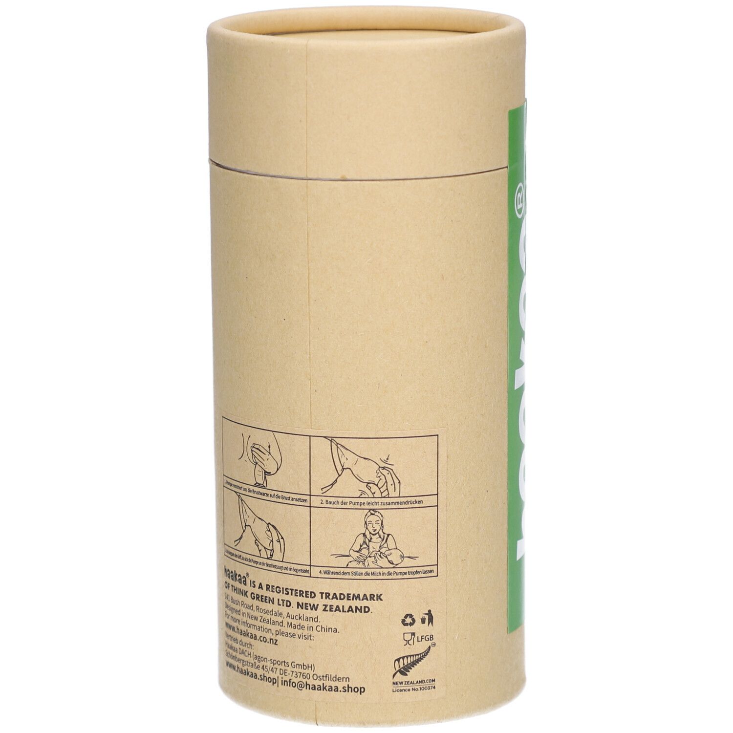 Emballage cylindrique. Dos avec pictogrammes et texte. Logo Haakaa et coordonnées. Couleurs beige et vert.