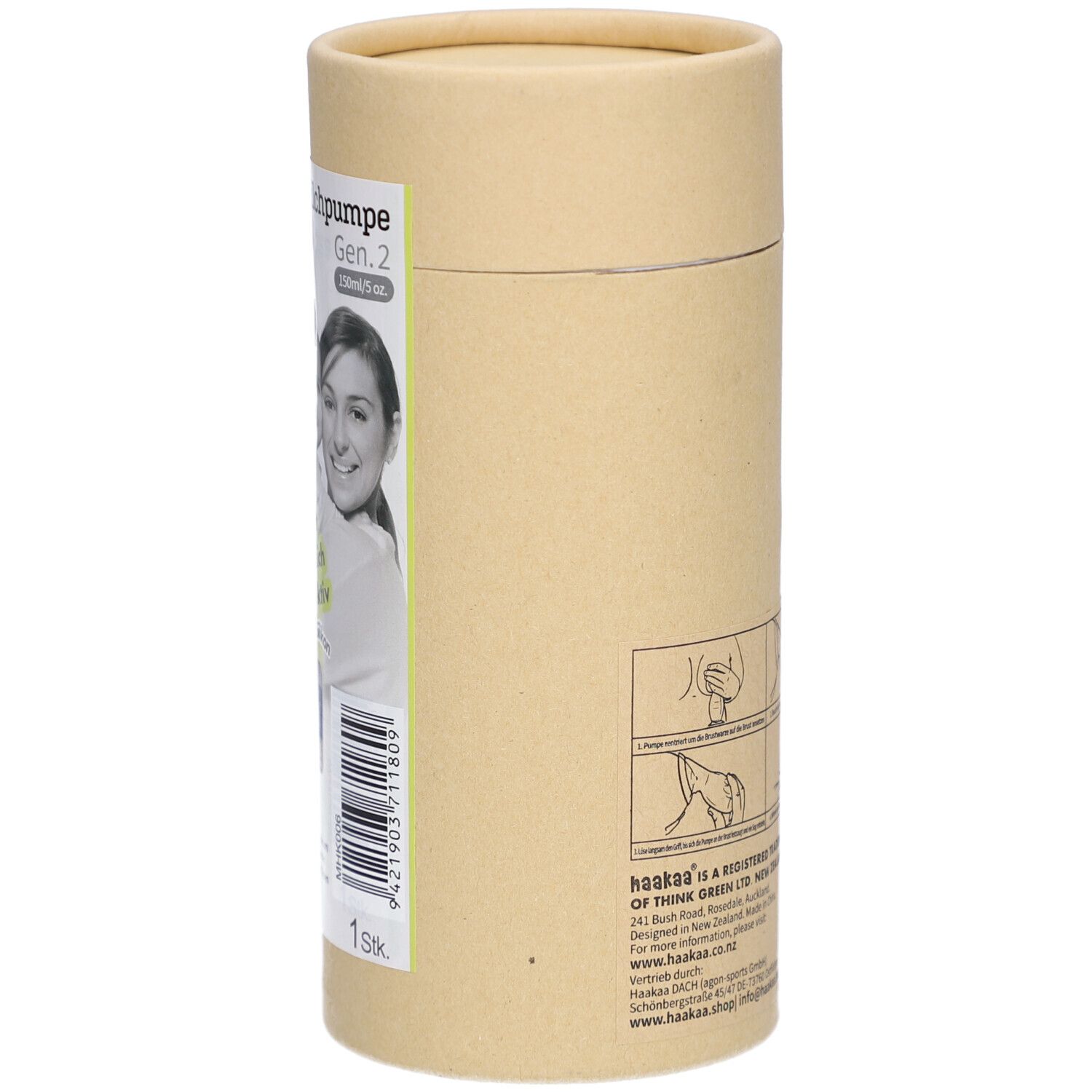 Emballage cylindrique. Impression: Tire-lait en silicone, femme, texte. Dos avec pictogrammes et texte. Couleurs beige et vert.