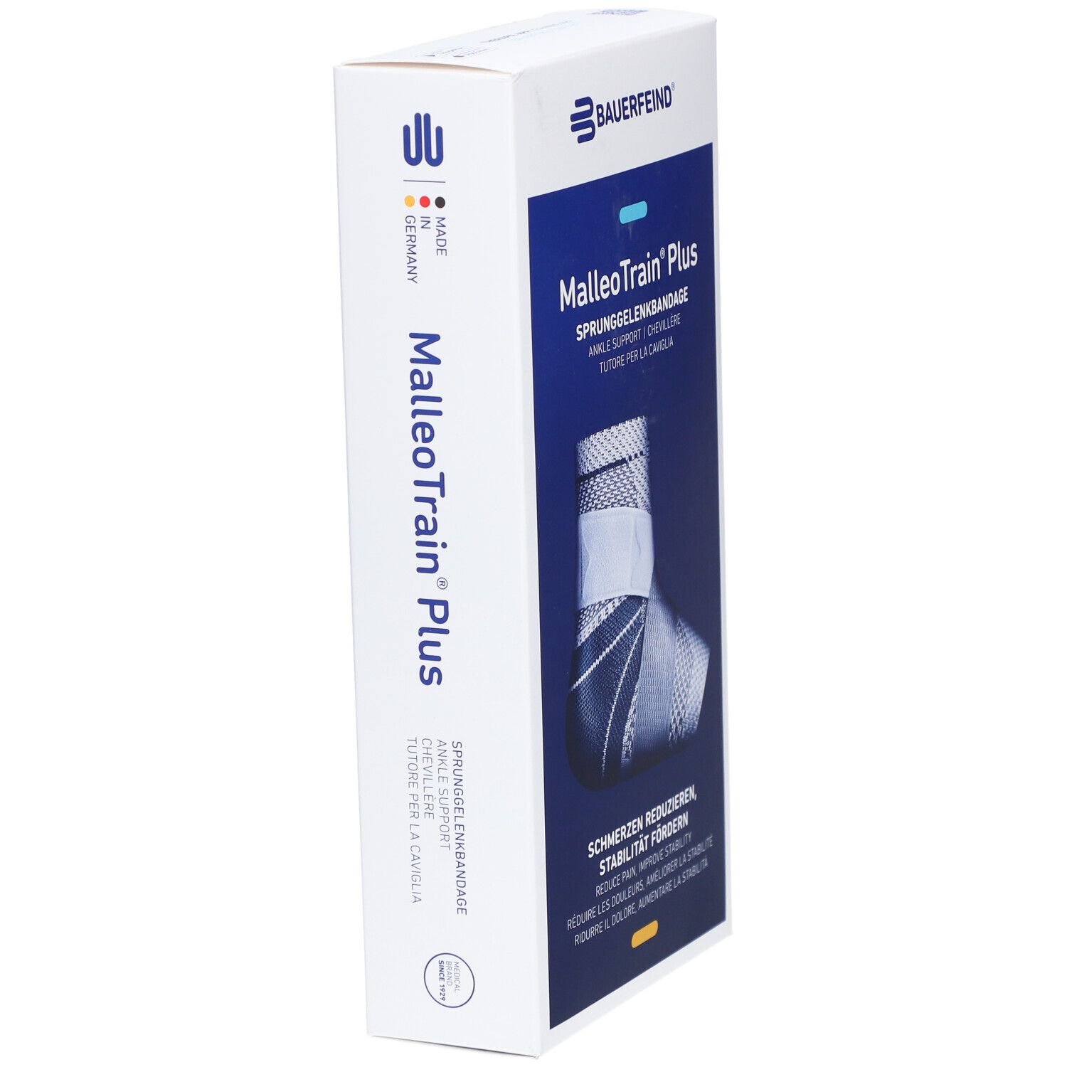 Seitenansicht der Verpackung der BAUERFEIND® MalleoTrain® Plus Aktivbandage. Markenlogo, Produktname und Herkunftsland.