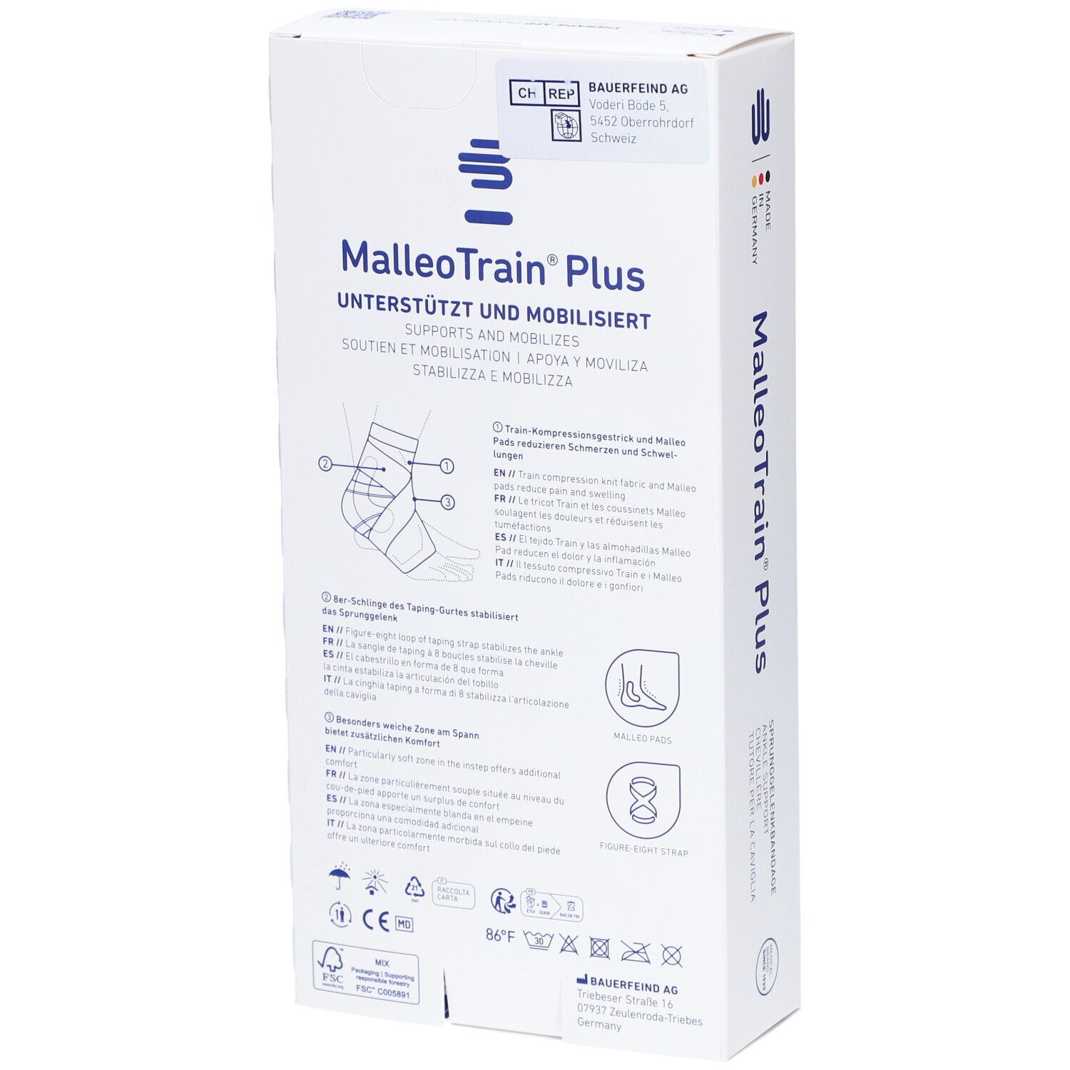 Rückseite der Verpackung der BAUERFEIND® MalleoTrain® Plus Aktivbandage. Produktinformationen und Größenangaben.