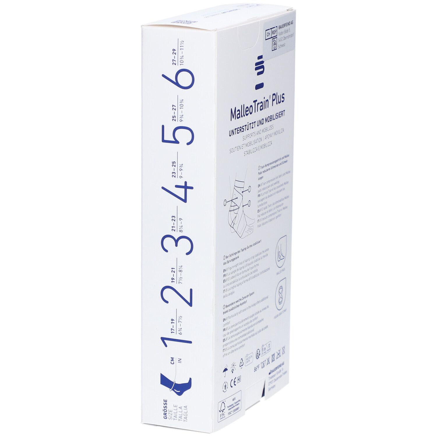 Seitenansicht der Verpackung der BAUERFEIND® MalleoTrain® Plus Aktivbandage. Größenangaben und Produktinformationen.