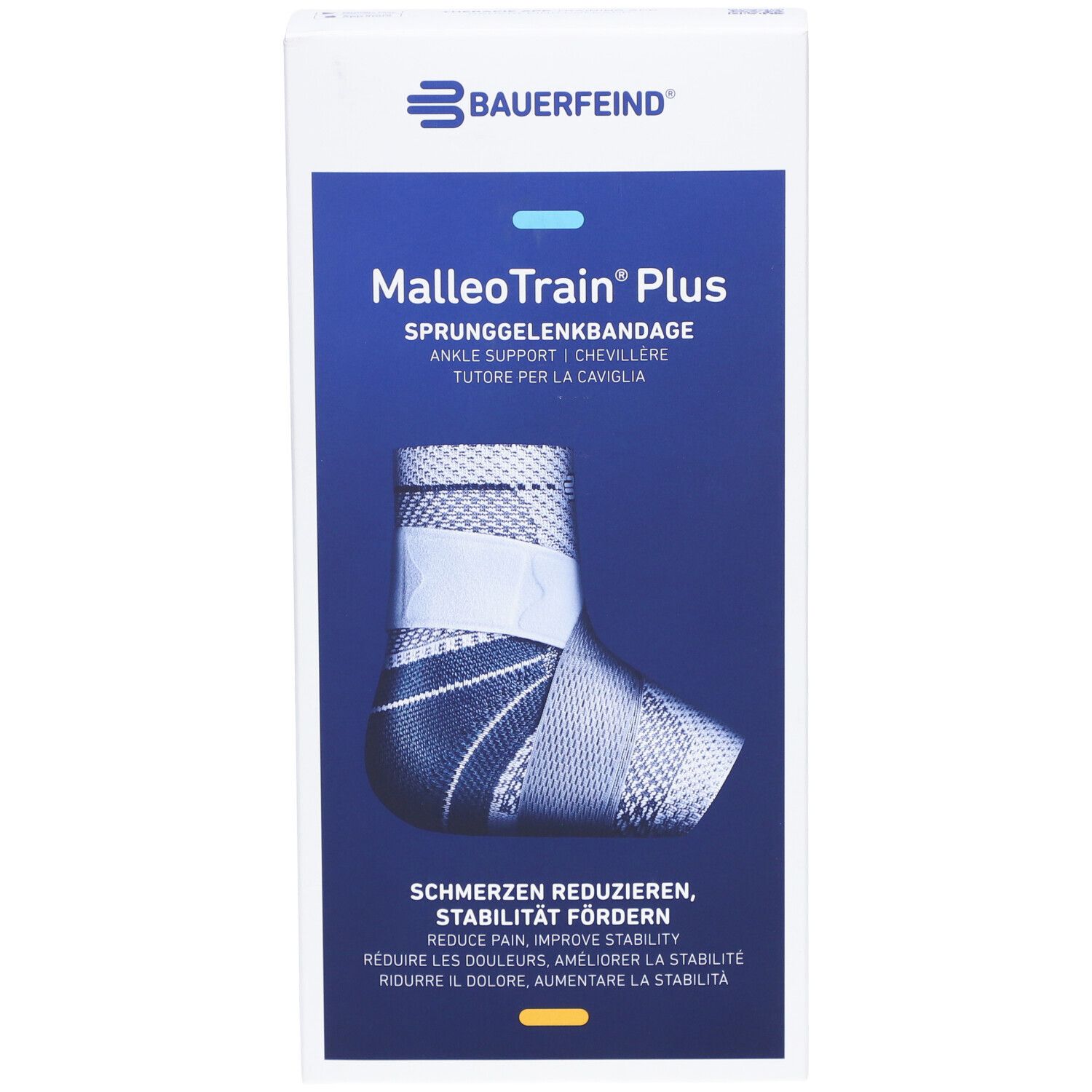 Vorderansicht der Verpackung der BAUERFEIND® MalleoTrain® Plus Aktivbandage. Produktabbildung, Markenlogo und Produktname.