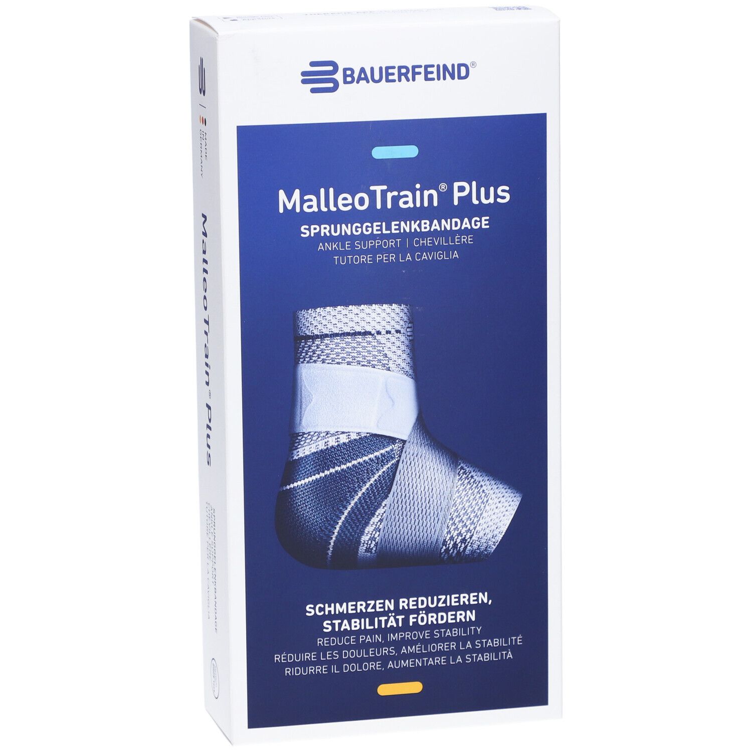 Vorderansicht der Verpackung der BAUERFEIND® MalleoTrain® Plus Aktivbandage. Produktabbildung, Markenlogo und Produktname.