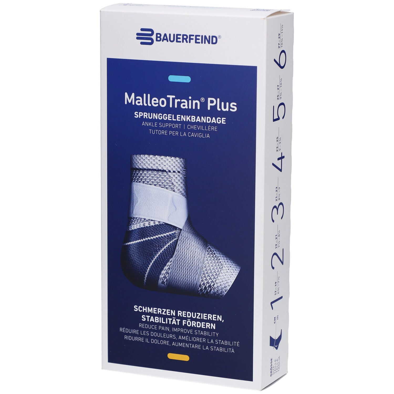 BAUERFEIND® MalleoTrain® Plus Sprunggelenkbandage, Größe 5, Titan Rechts. Produktabbildung auf Verpackung. Blau-weißes Design.