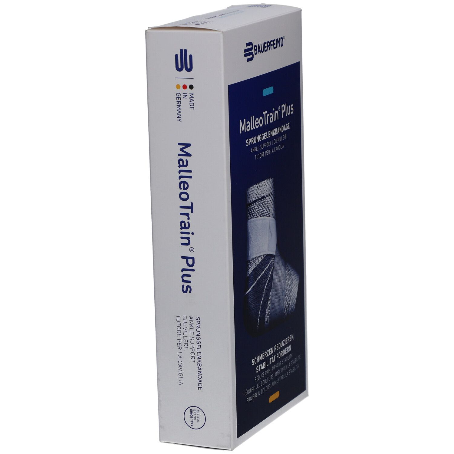 BAUERFEIND® MalleoTrain® Plus Verpackung. Seitenansicht mit Produktname, Logo und Herstellungsland. Weiß, blau und grau.