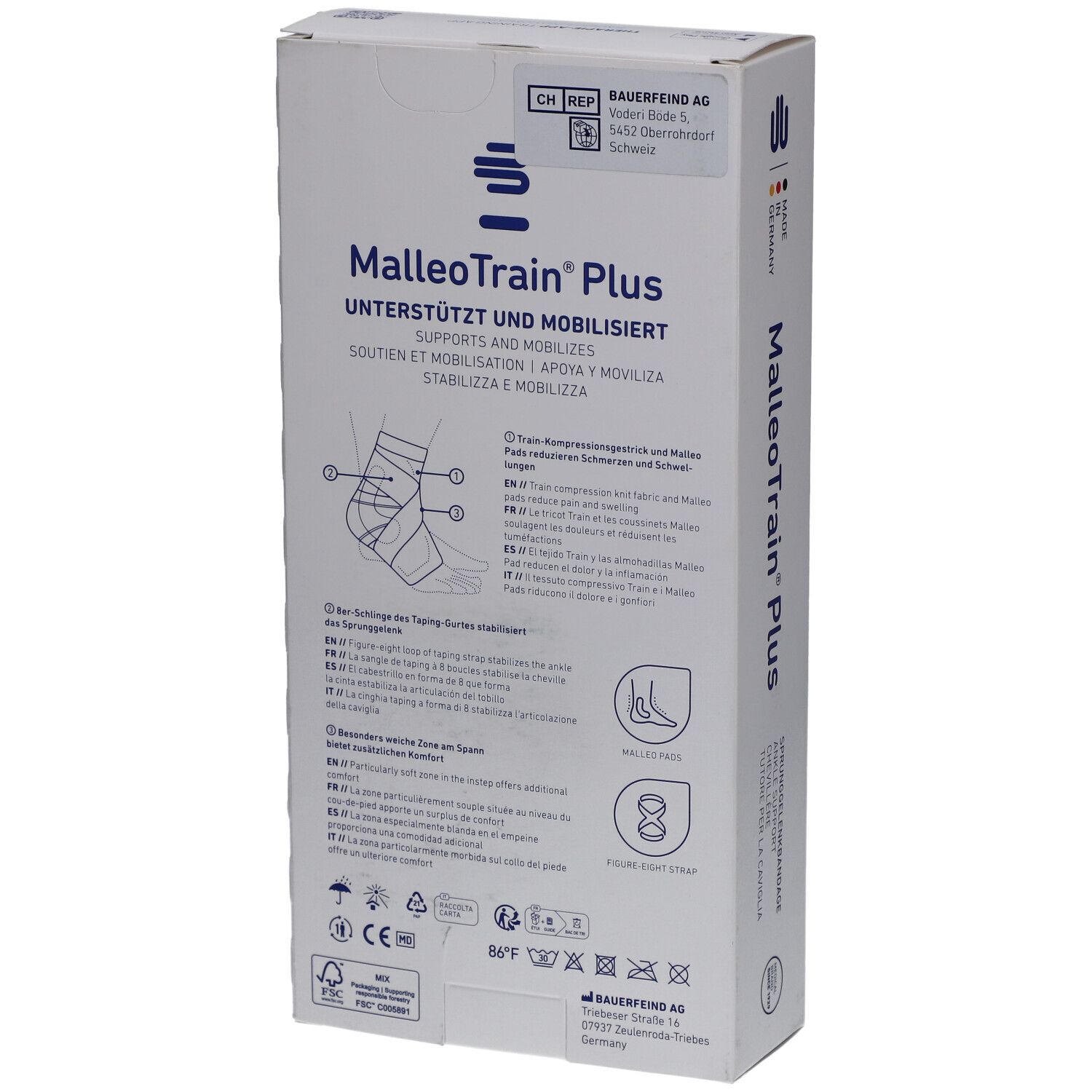 Rückseite der BAUERFEIND® MalleoTrain® Plus Verpackung. Produktinformationen, Illustrationen und Logos. Weißer Hintergrund.