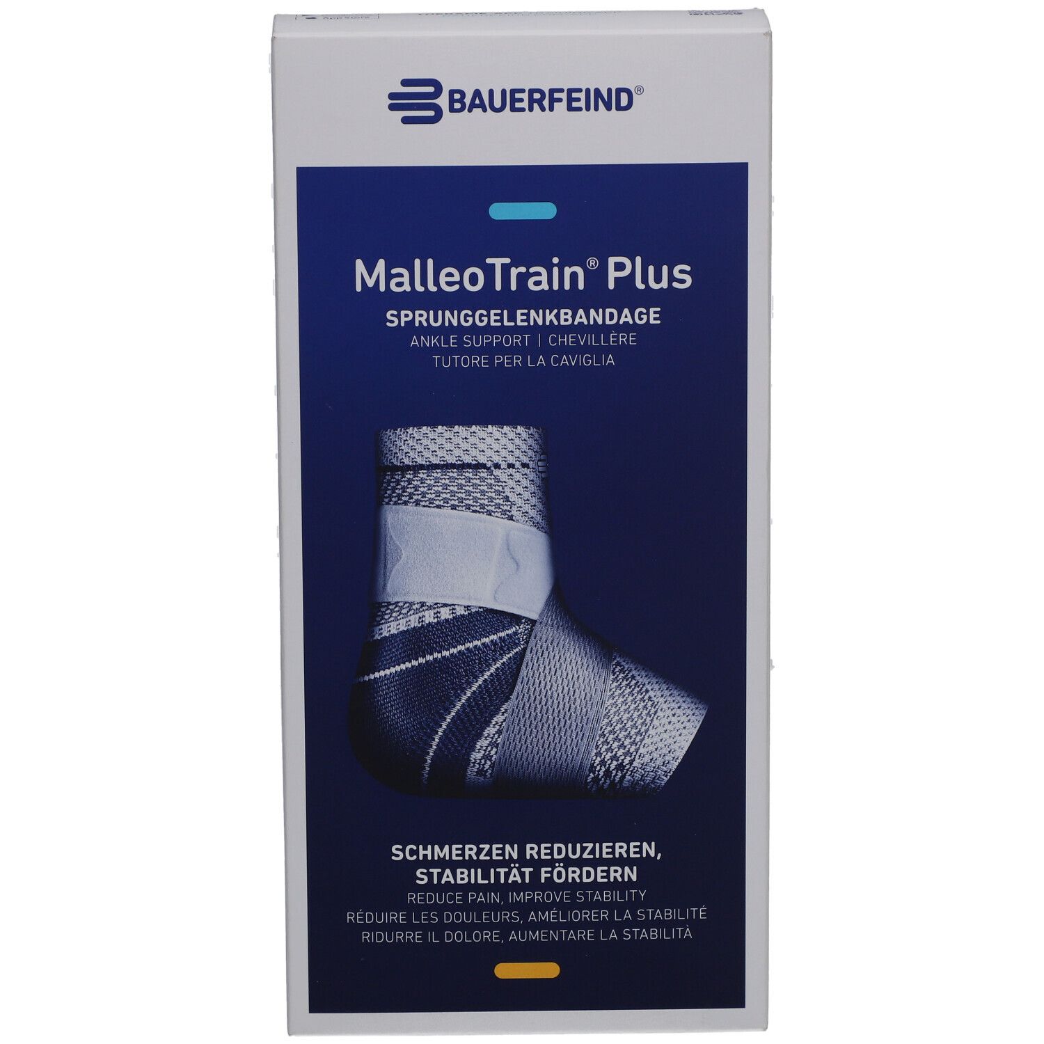 BAUERFEIND® MalleoTrain® Plus Sprunggelenkbandage, Größe 5, Titan Rechts. Produktabbildung auf Verpackung. Blau-weißes Design.