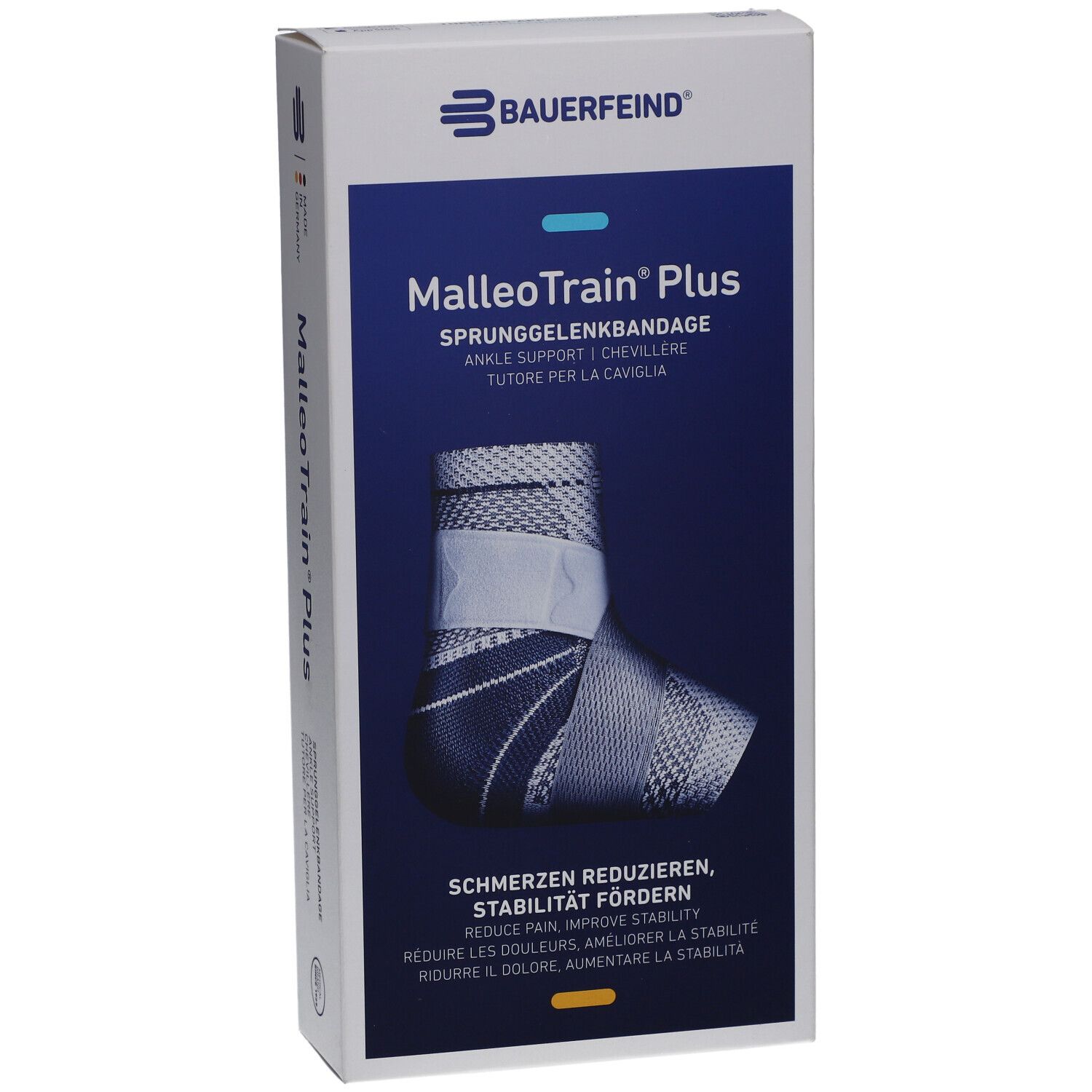 BAUERFEIND® MalleoTrain® Plus Sprunggelenkbandage, Größe 5, Titan Rechts. Produktabbildung auf Verpackung. Blau-weißes Design.