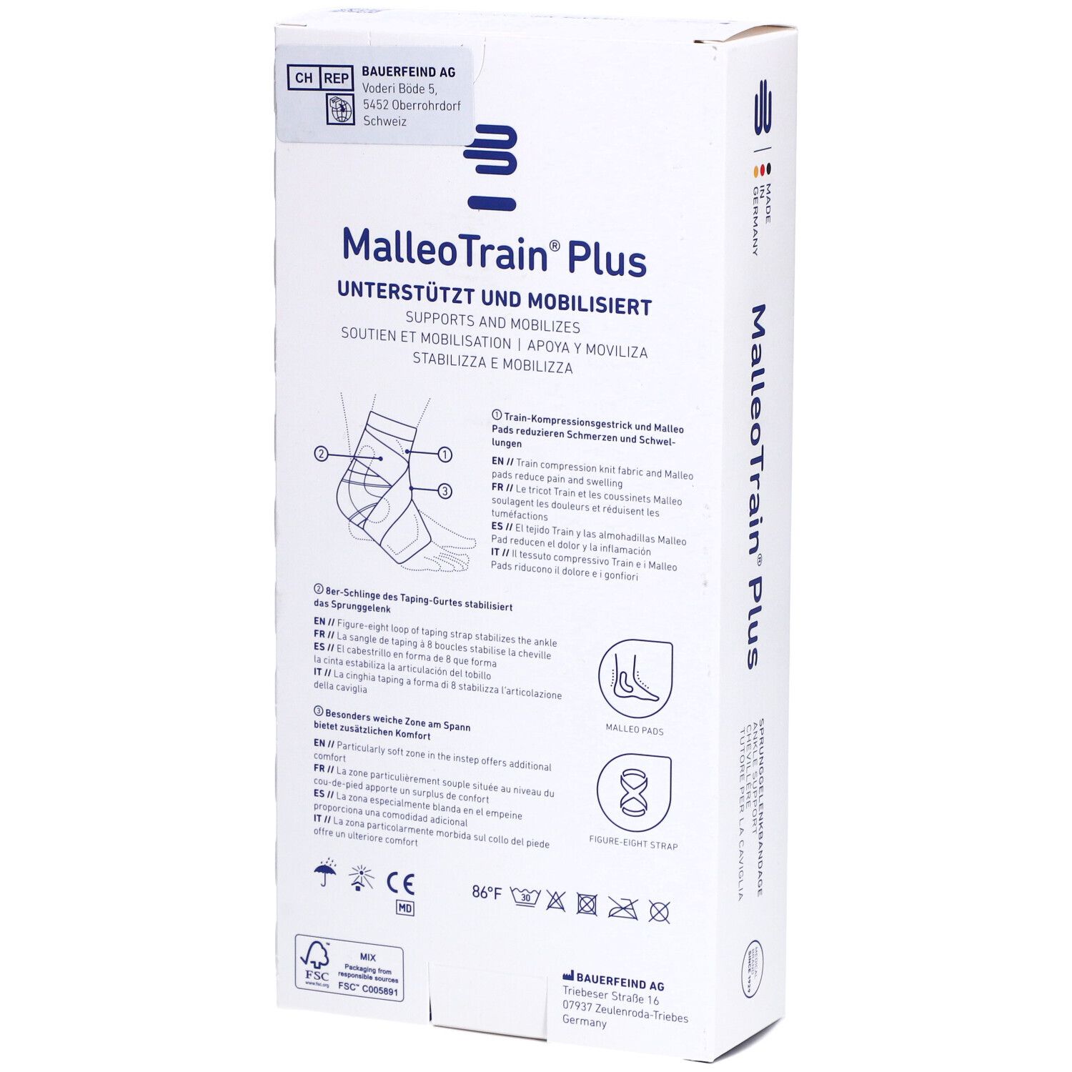 BAUERFEIND® Malleotrain® Plus Aktive Sprunggelenkbandage Gr. 5 links Titan