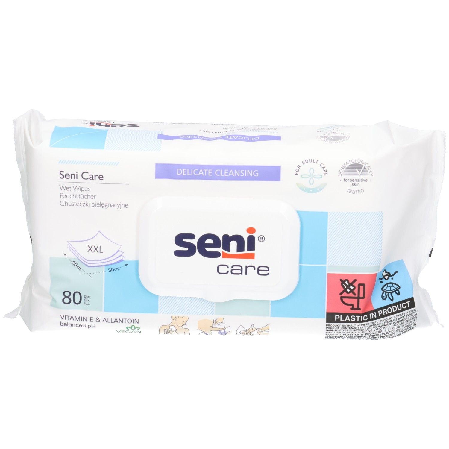 Lingettes humides Seni Care, 80 pièces, XXL. À la vitamine E et allantoïne.