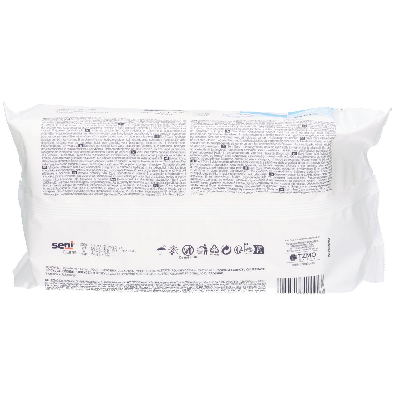 Dos de l'emballage des lingettes humides Seni Care avec ingrédients et instructions.