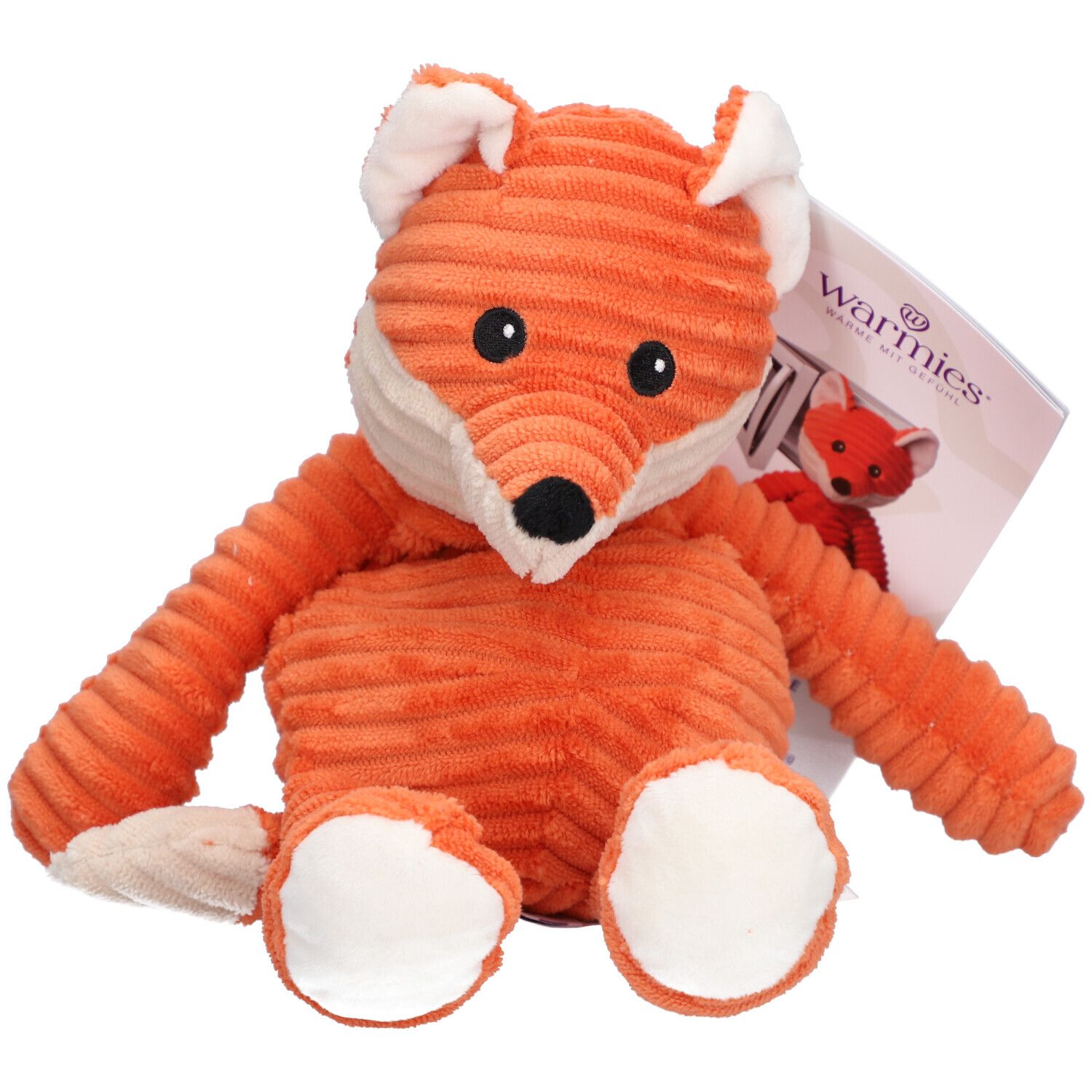 Orangefarbener Fuchsplüsch mit schwarzen Augen und Nase. Mit Etikett "Warmies".