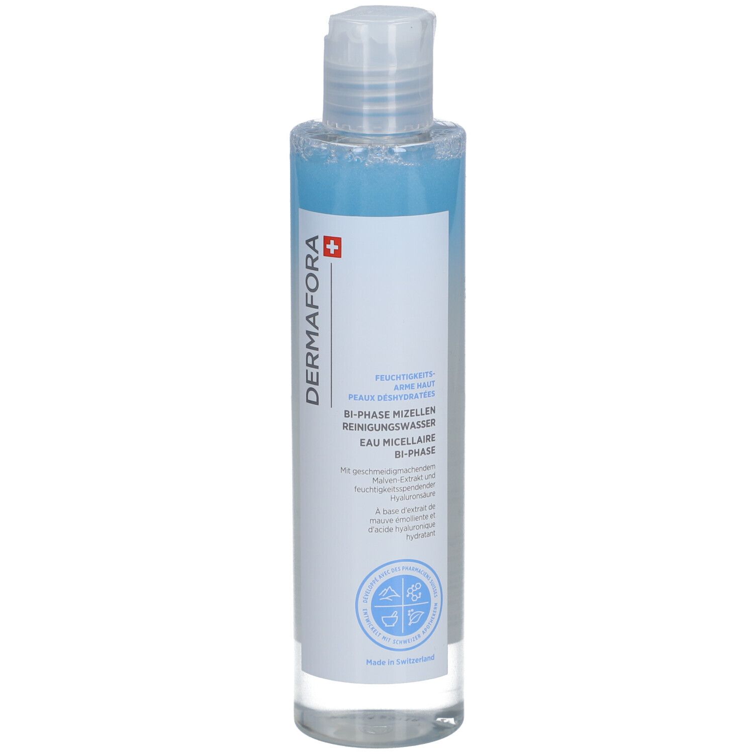 Flacon transparent avec liquide bleu. Logo Dermafora et intitulé 'Bi-Phase Mizellen Reinigungswasser'.