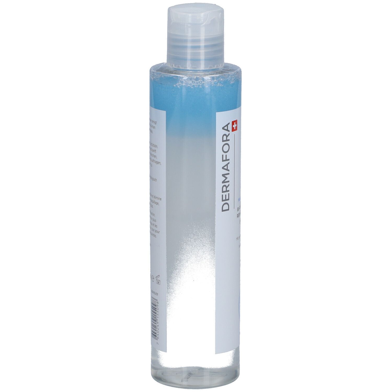 Flacon transparent avec liquide bleu et clair. Logo Dermafora sur étiquette blanche.