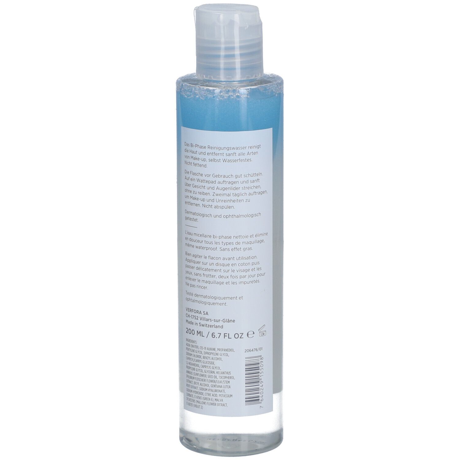 Dos du flacon. Texte en allemand, français, italien et néerlandais. Informations produit et adresse.