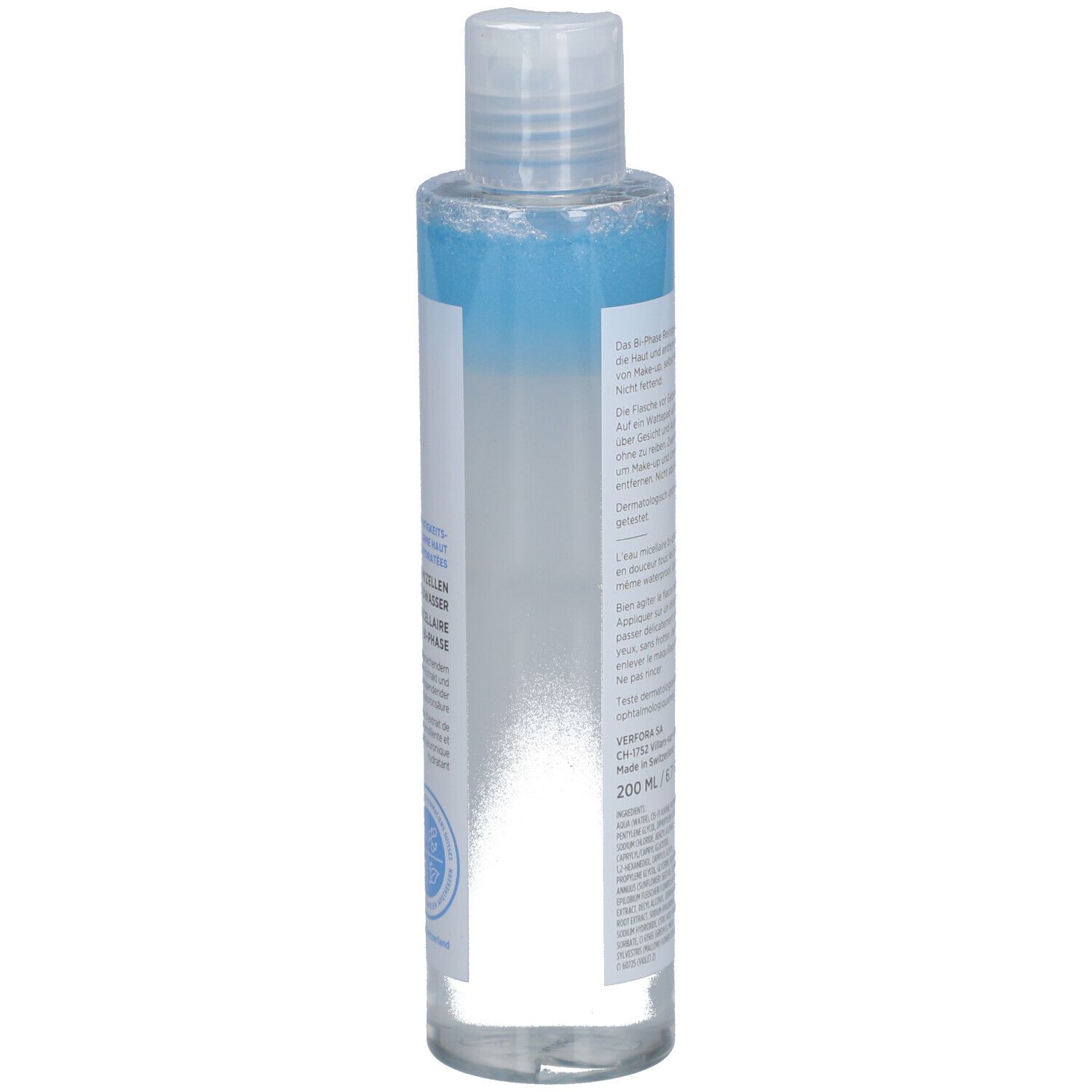 Dos du flacon. Texte en allemand, français, italien et néerlandais. Informations produit et adresse.