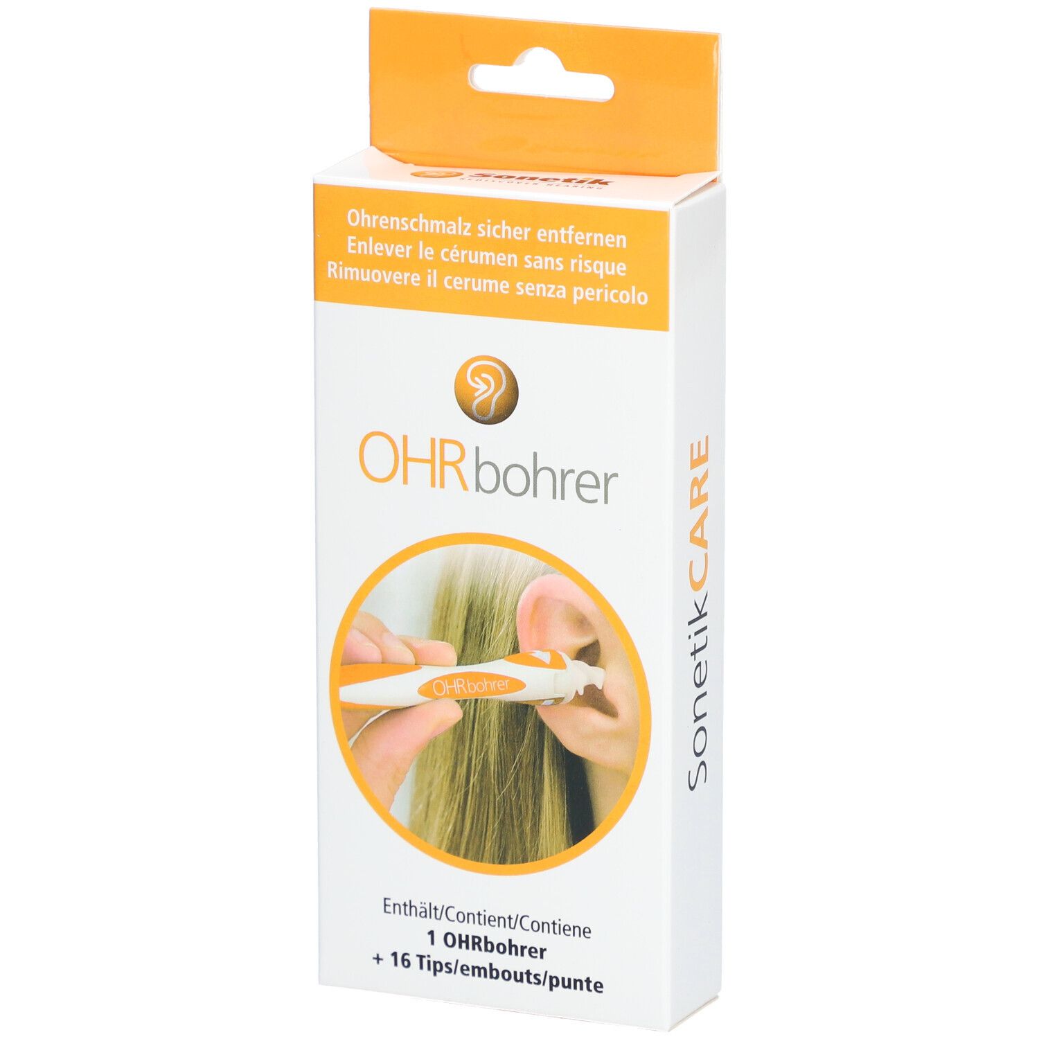 Verpackung mit Ohrbohrer und 16 Spitzen. Produktabbildung zeigt Anwendung. Text: Ohrbohrer, SonetikCARE.