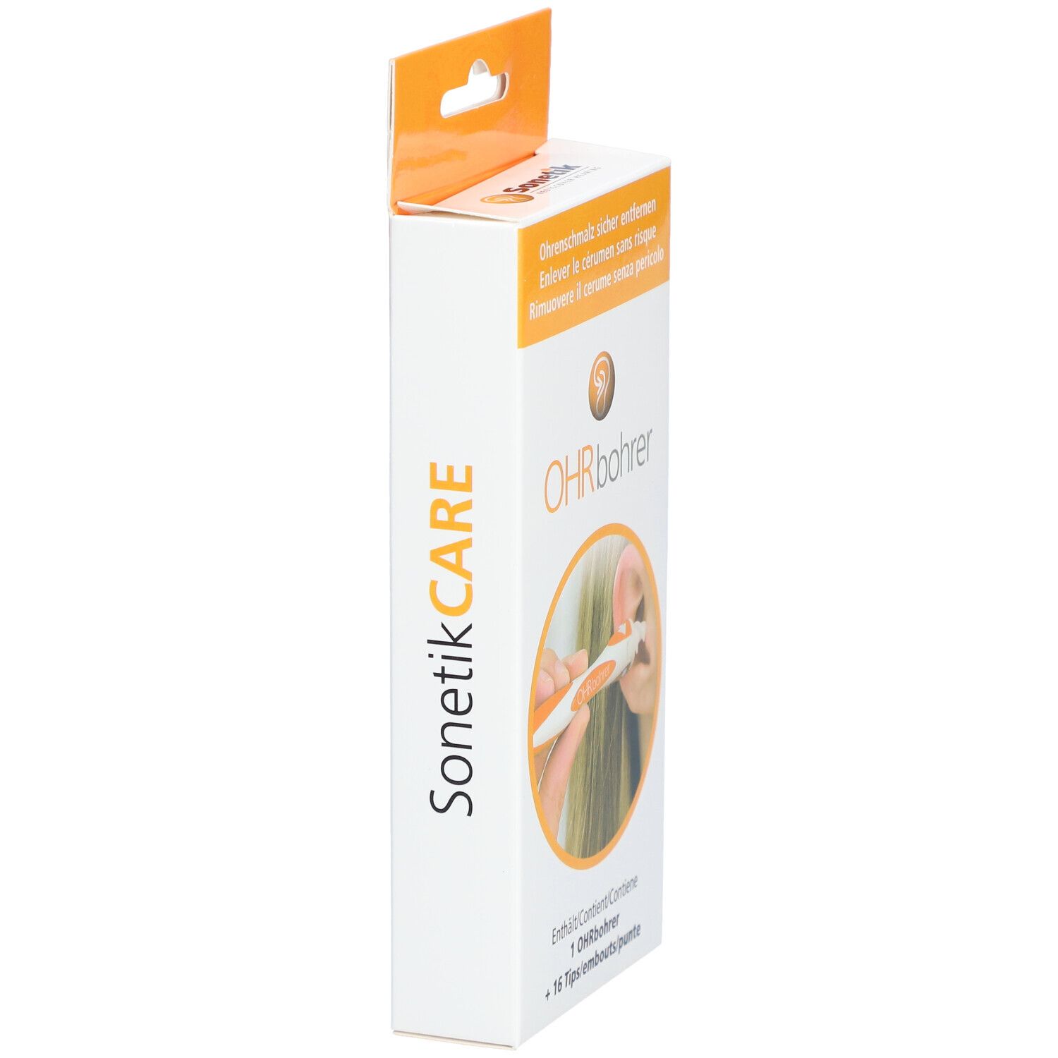 Verpackung von SonetikCARE Ohrbohrer. Weiß mit orangefarbenen Akzenten. Text: Ohrbohrer, SonetikCARE.