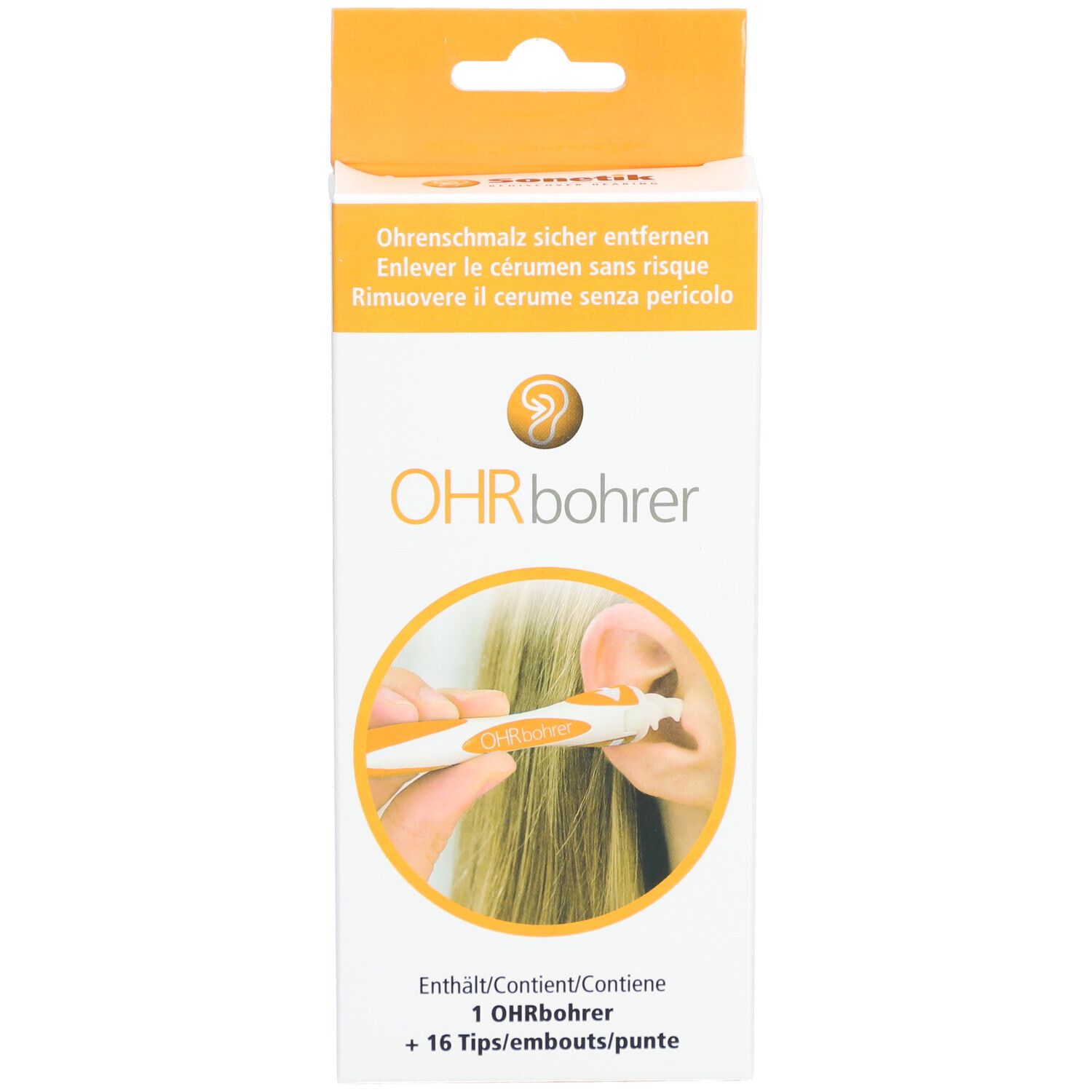 Verpackung mit Ohrbohrer und 16 Spitzen. Produktabbildung zeigt Anwendung. Text: Ohrbohrer, SonetikCARE.