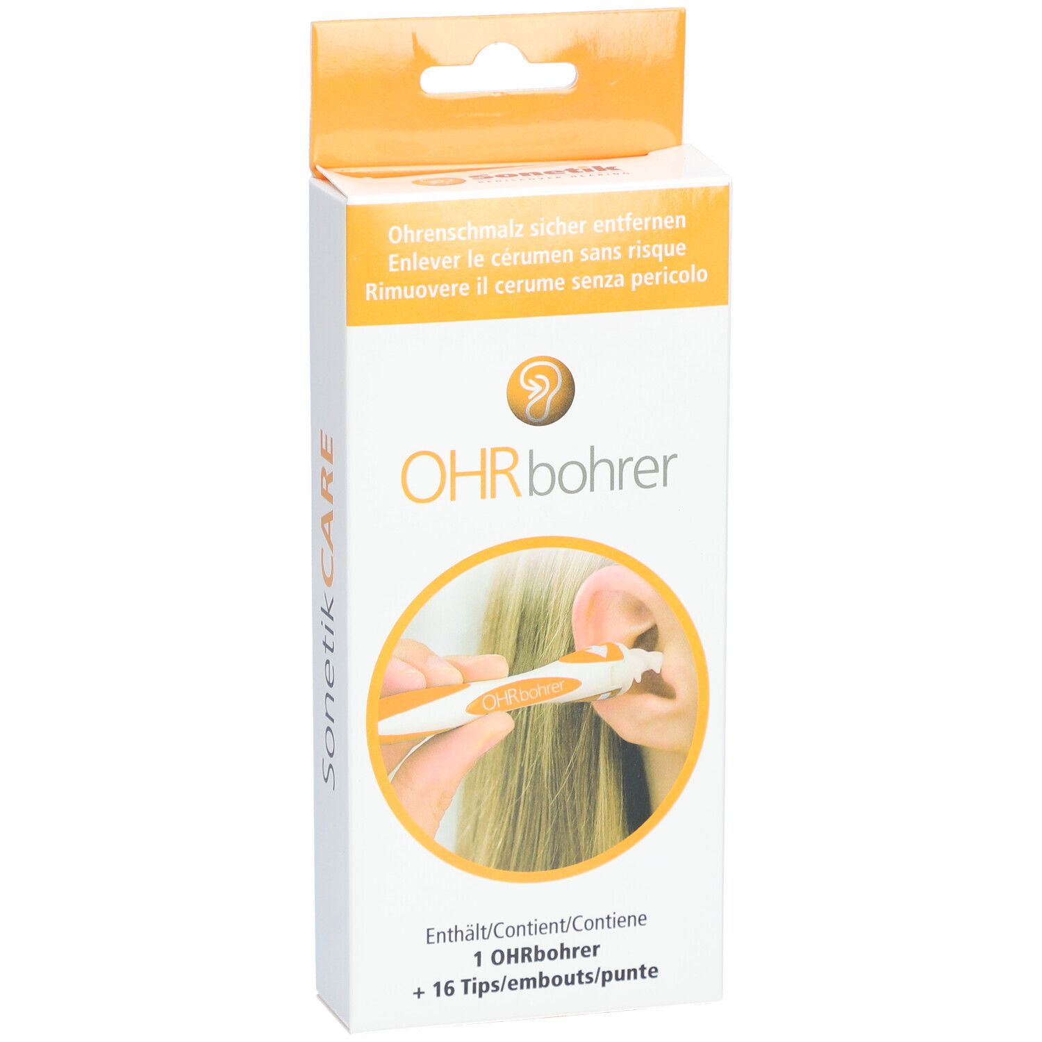Verpackung mit Ohrbohrer und 16 Spitzen. Produktabbildung zeigt Anwendung. Text: Ohrbohrer, SonetikCARE.
