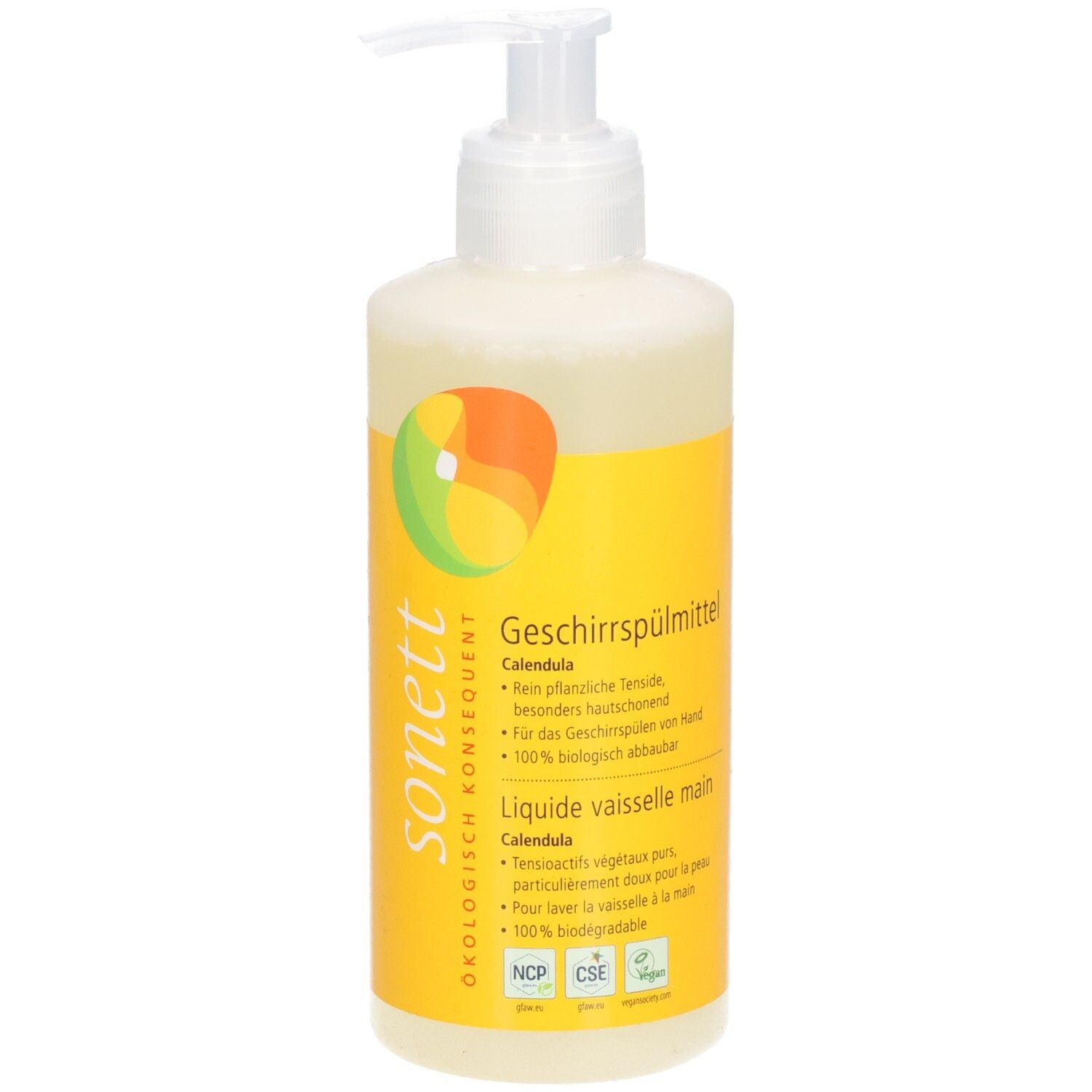 Flasche mit Spender. SONETT Geschirrspülmittel Calendula. Gelbe Etikett mit Text und Logo. 100% biologisch abbaubar.