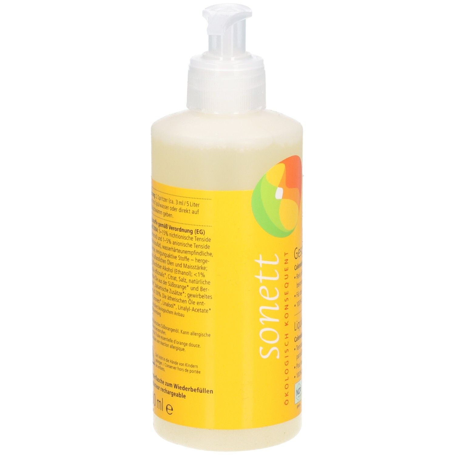 Flasche mit Spender. Gelbes Etikett mit Text. SONETT Geschirrspülmittel. Informationen zu Inhaltsstoffen und Dosierung.