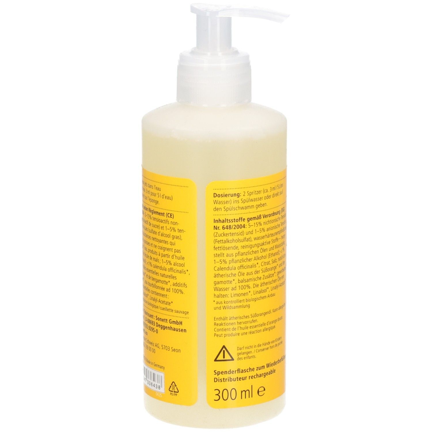 Flasche mit Spender. Rückseite mit gelbem Etikett. Text über Inhaltsstoffe und Dosierung. 300 ml. Wiederbefüllbar.