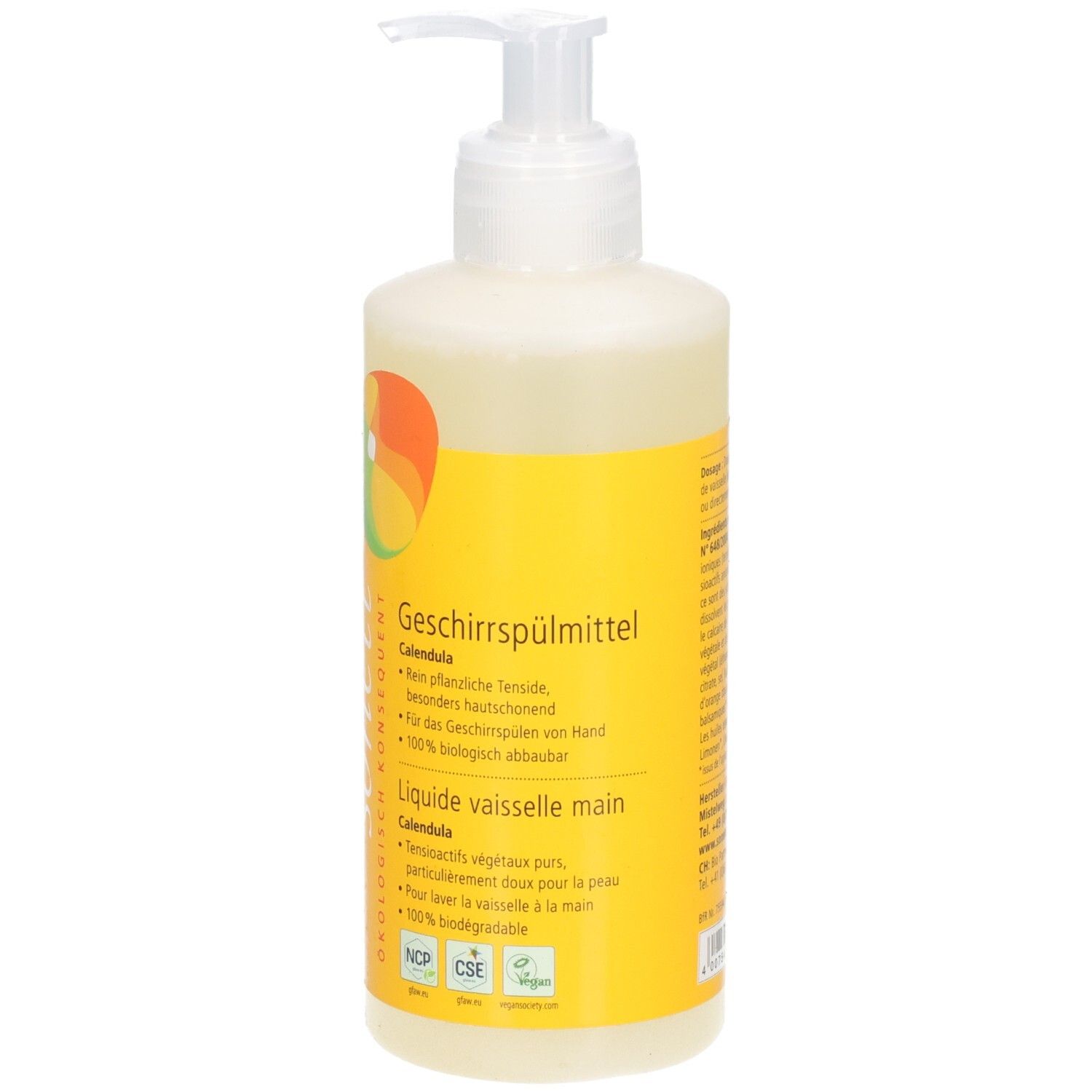 Flasche mit Spender. SONETT Geschirrspülmittel Calendula. Gelbes Etikett mit Text und Logo. 100% biologisch abbaubar.