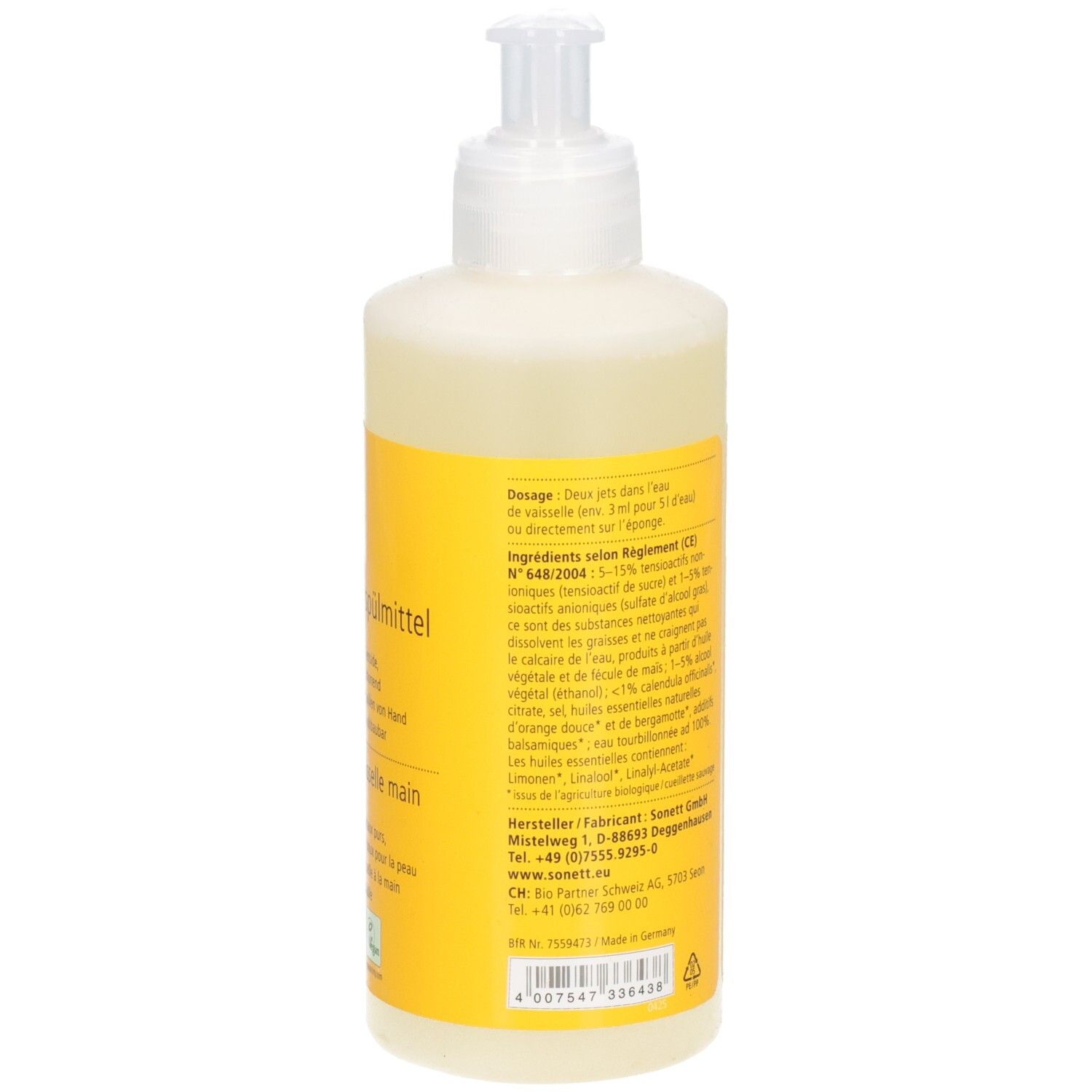 Flasche mit Spender. Rückseite mit gelbem Etikett. Text über Inhaltsstoffe und Dosierung. 300 ml. Wiederbefüllbar.