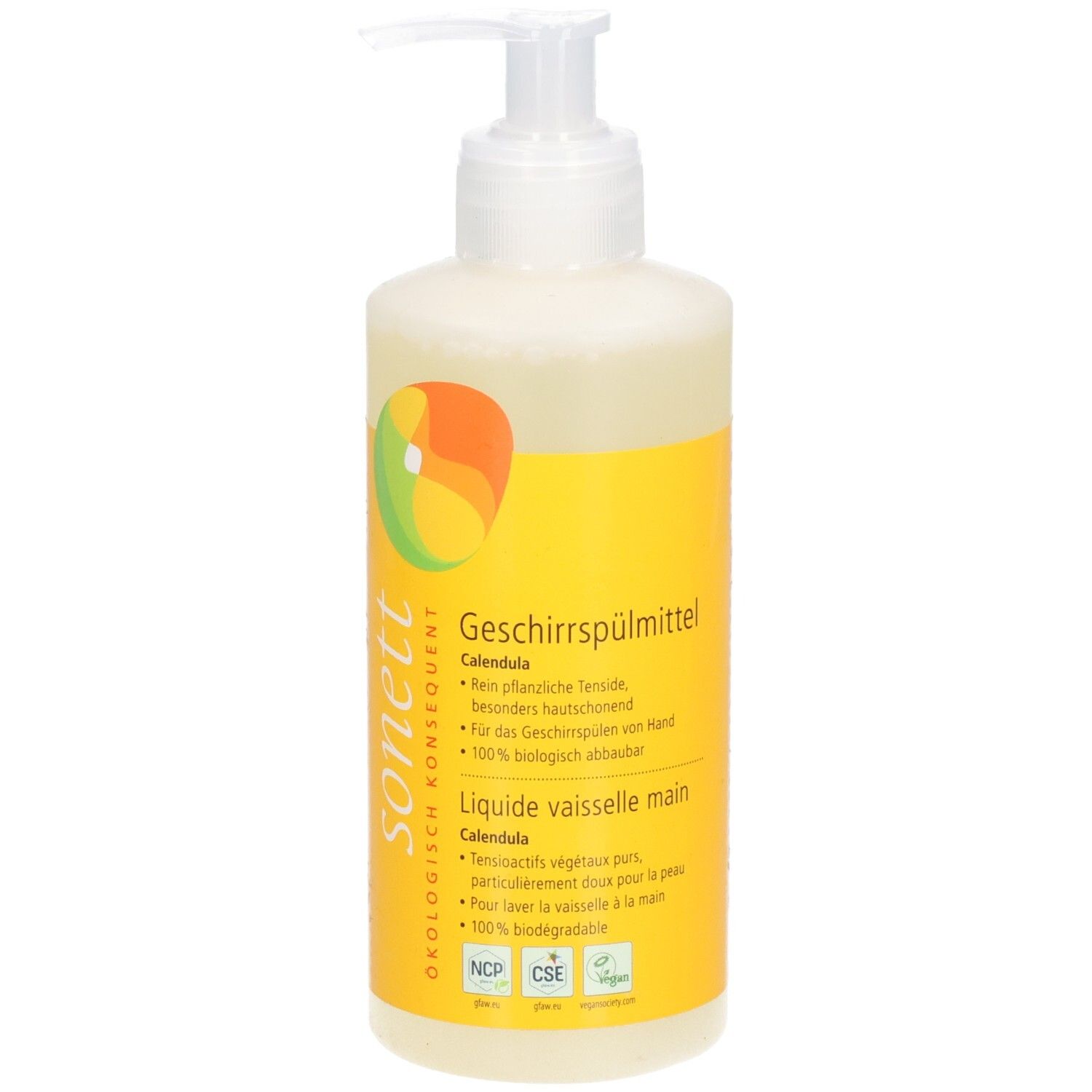 Flasche mit Spender. SONETT Geschirrspülmittel Calendula. Gelbes Etikett mit Text und Logo. 100% biologisch abbaubar.