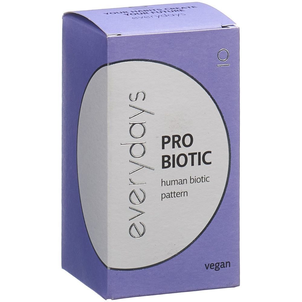 Lila Schachtel mit "everydays PROBIOTIC". Enthält "human biotic pattern" und das Wort "vegan".