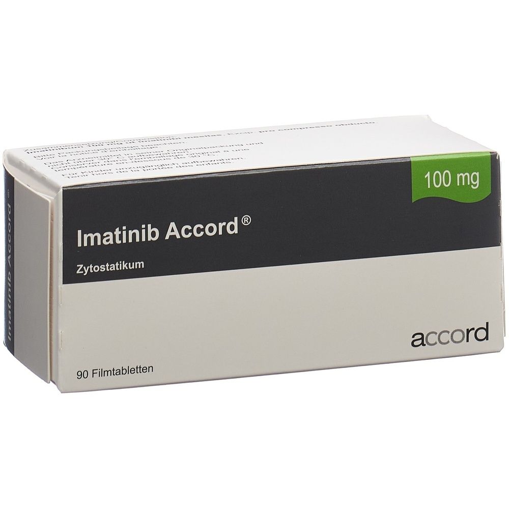 Schachtel mit "Imatinib Accord". Schwarzer Balken mit weißer Schrift. 100 mg und 90 Filmtabletten.