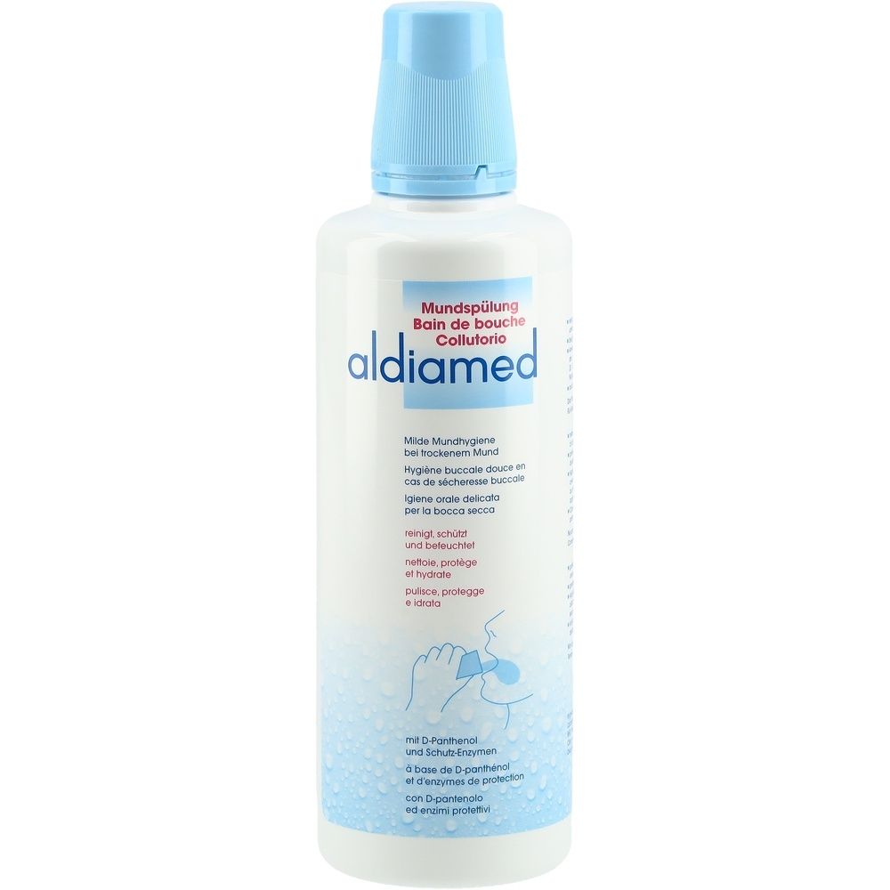 Weiße Flasche mit blauem Deckel. Aufschrift: aldiamed Mundspülung. Produktabbildung mit Text in Deutsch, Französisch, Italienisch.