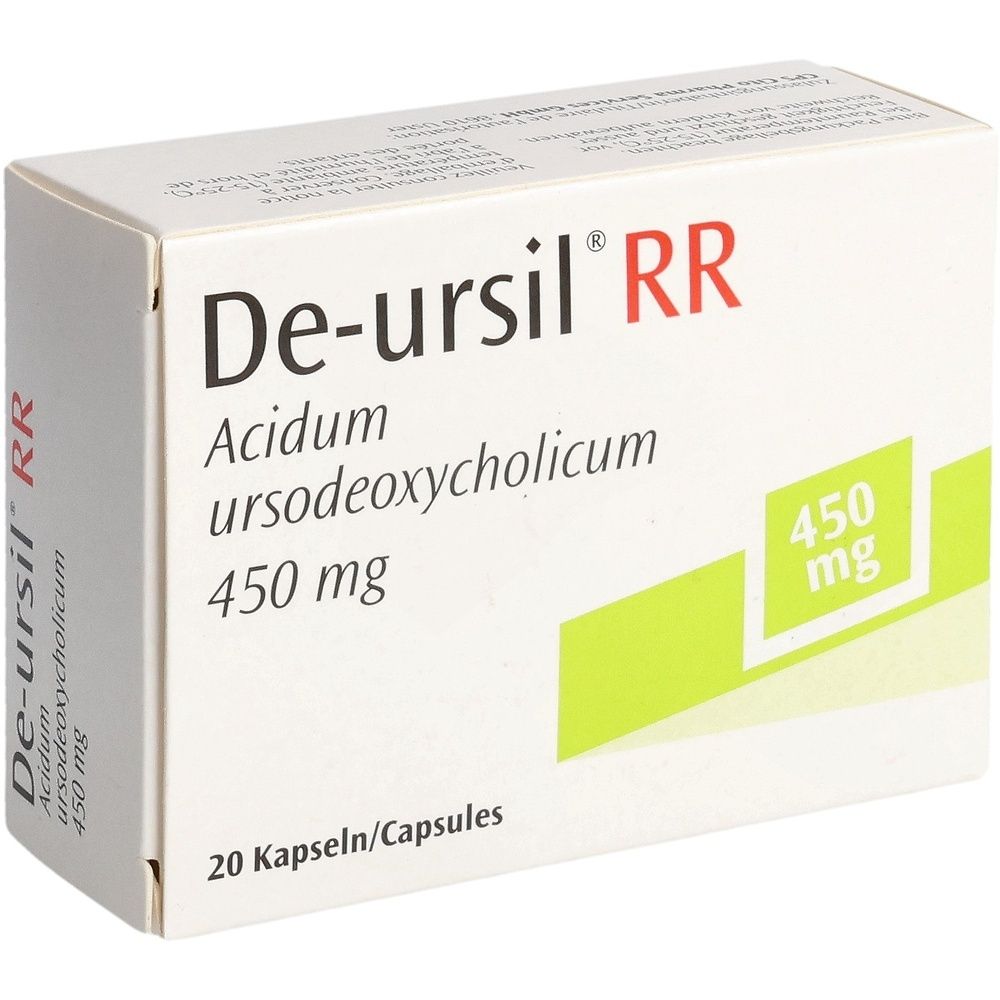 Karton von De-ursil RR. Aufschrift: De-ursil RR, 450 mg. Weißer Karton mit grünen und grauen Elementen.
