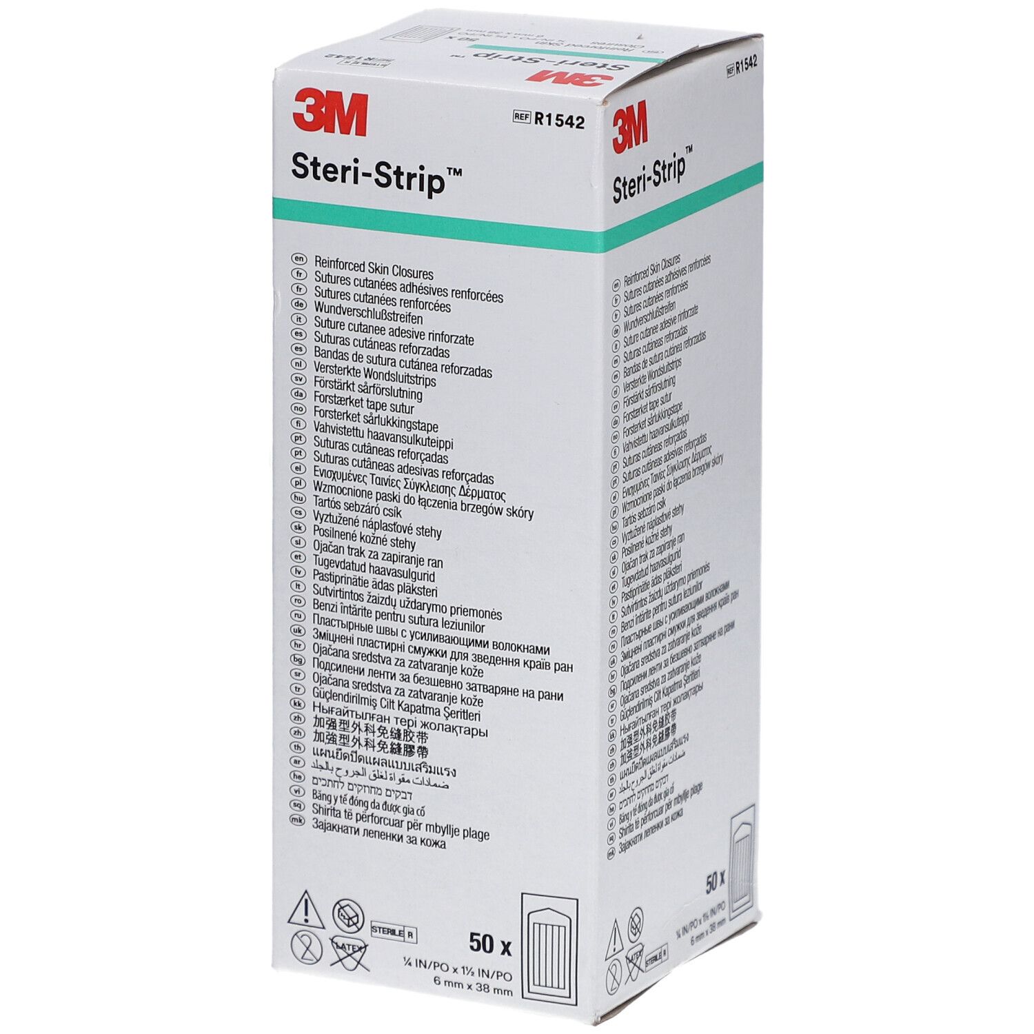 Verpackung von 3M Steri-Strip. Aufschrift: 50 Stück, 6 mm x 38 mm. Mehrsprachige Produktinformationen.