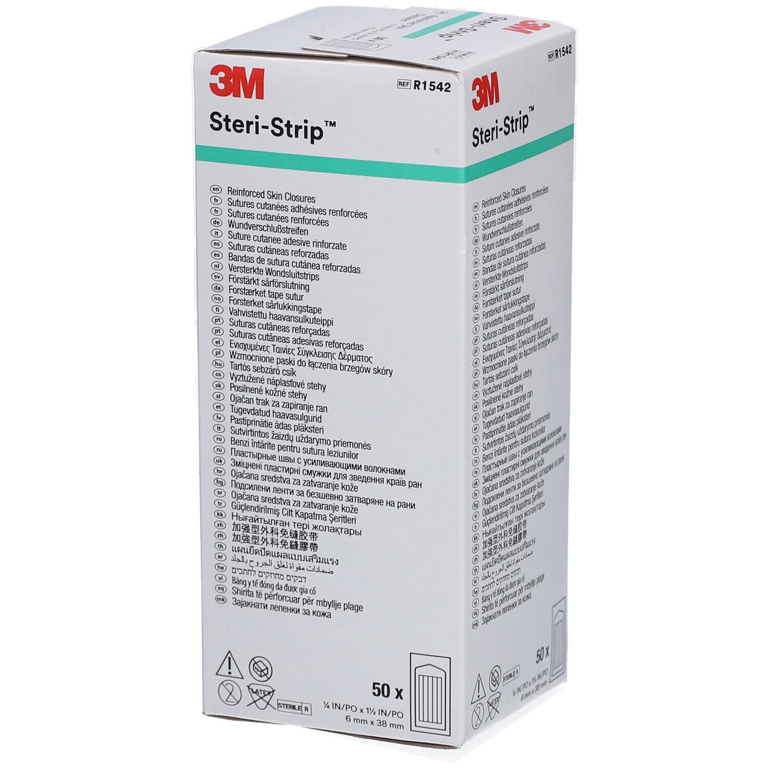 3M Steri-Strip Verpackung. Aufschrift: 50 Stück, 6 mm x 38 mm. Mehrsprachige Produktinformationen.