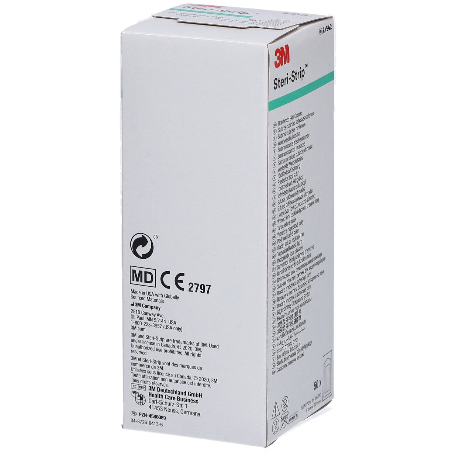 3M Steri-Strip Verpackung. Aufschrift: MD CE 2797. Herstellerinformationen und Logos.