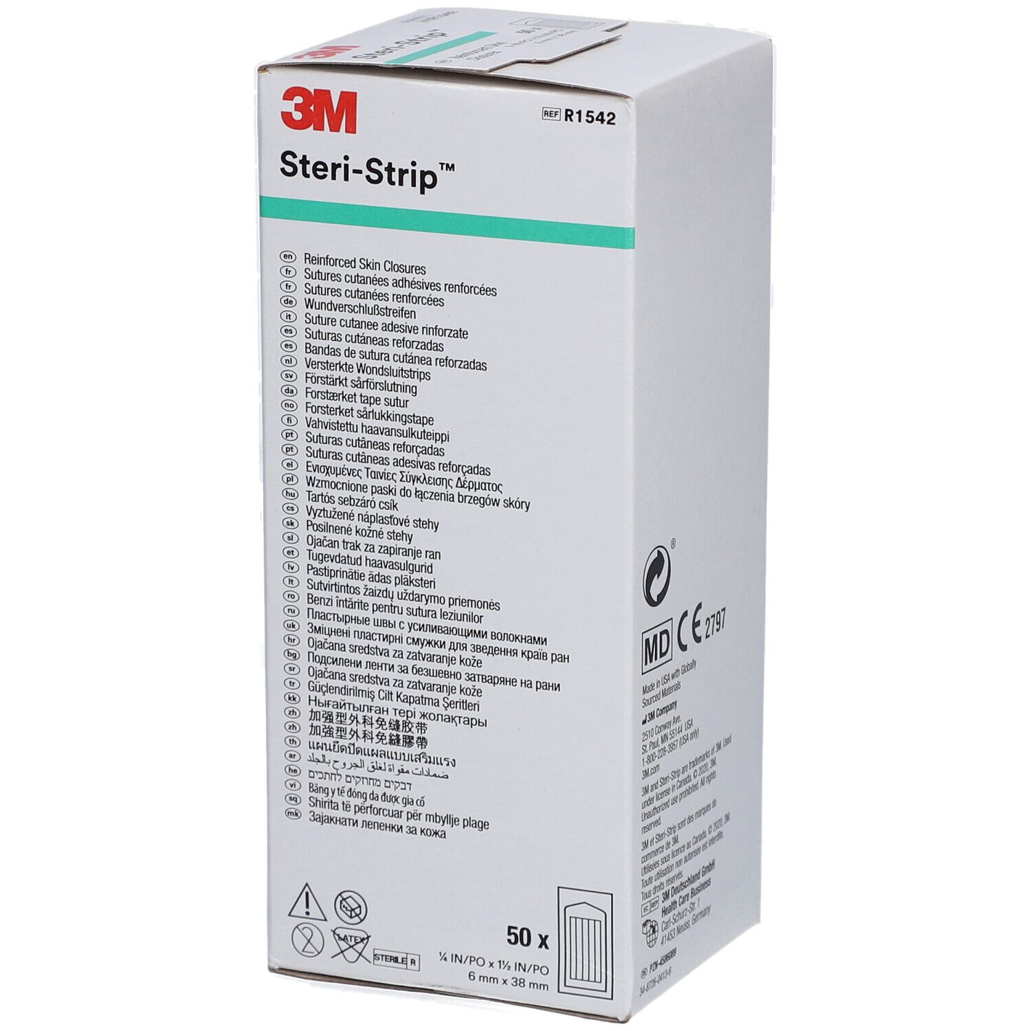 3M Steri-Strip Verpackung. Aufschrift: 50 Stück, 6 mm x 38 mm. Mehrsprachige Produktinformationen.