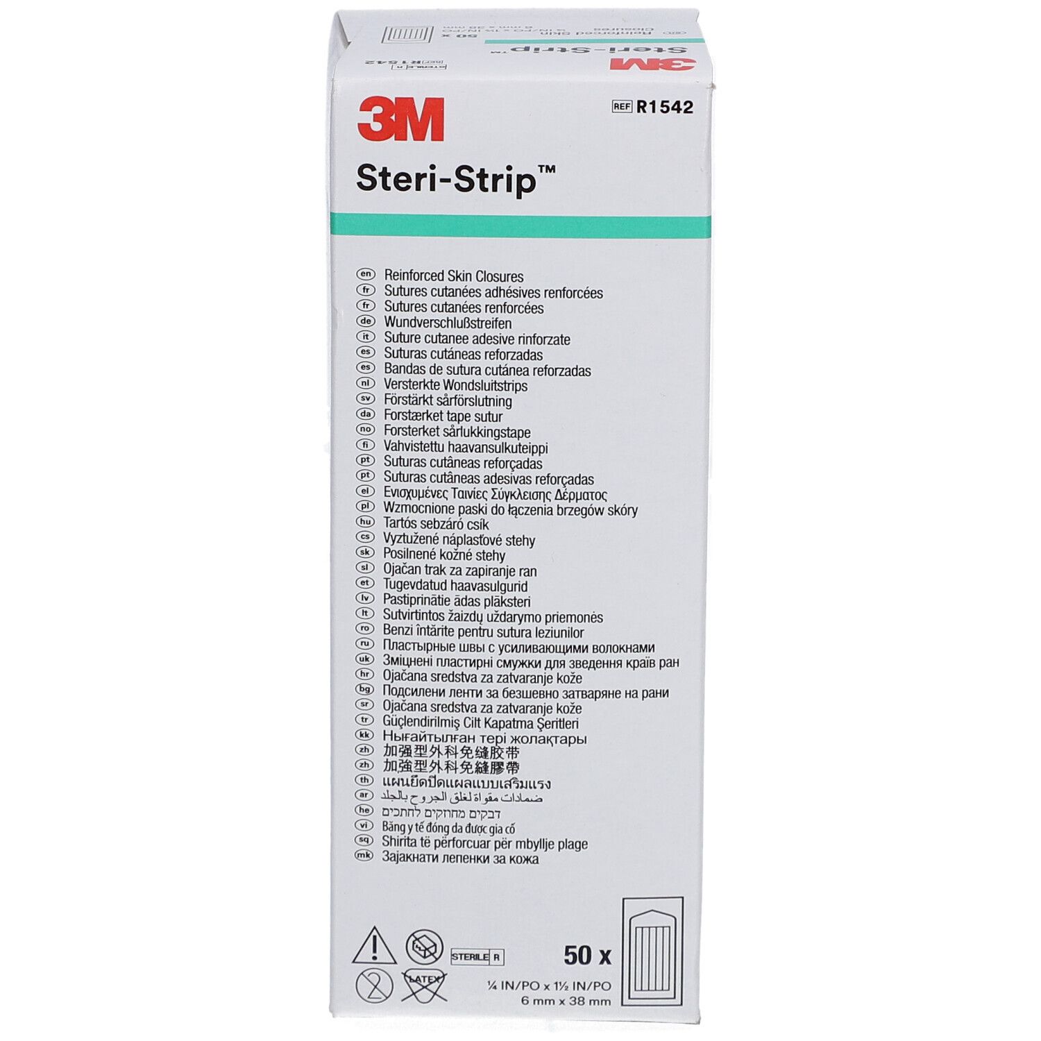 3M Steri-Strip Verpackung. Aufschrift: 50 Stück, 6 mm x 38 mm. Mehrsprachige Produktinformationen.