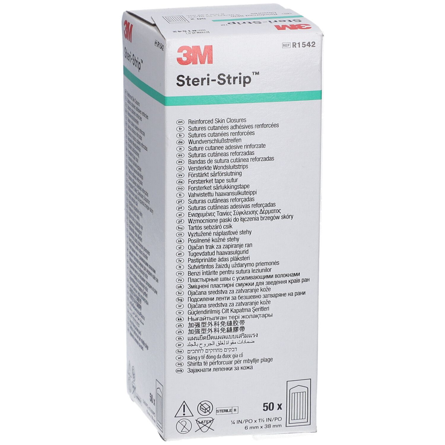 3M Steri-Strip Verpackung. Aufschrift: 50 Stück, 6 mm x 38 mm. Mehrsprachige Produktinformationen.