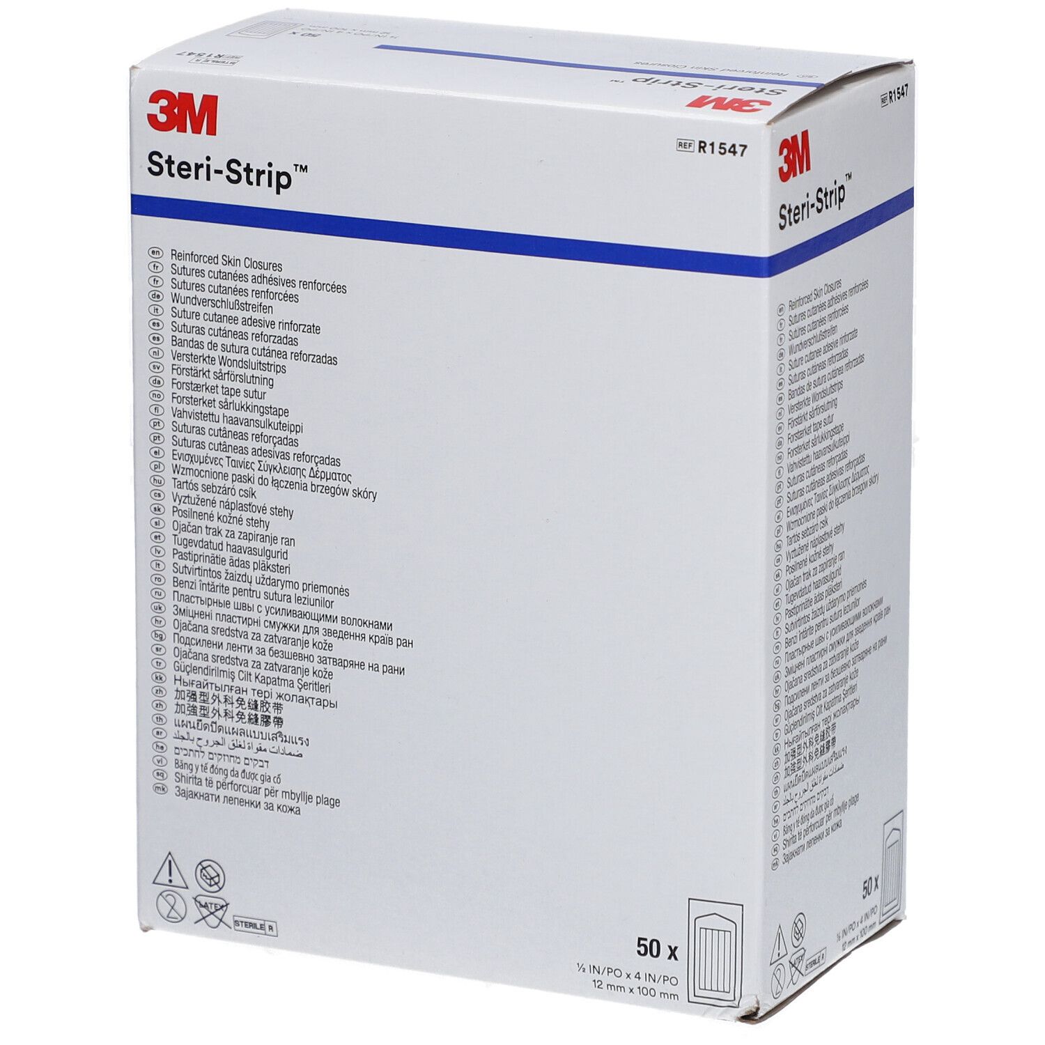 Boîte de 3M Steri-Strip. Inscription: Reinforced Skin Closures. 50 pièces, 12 x 100 mm.