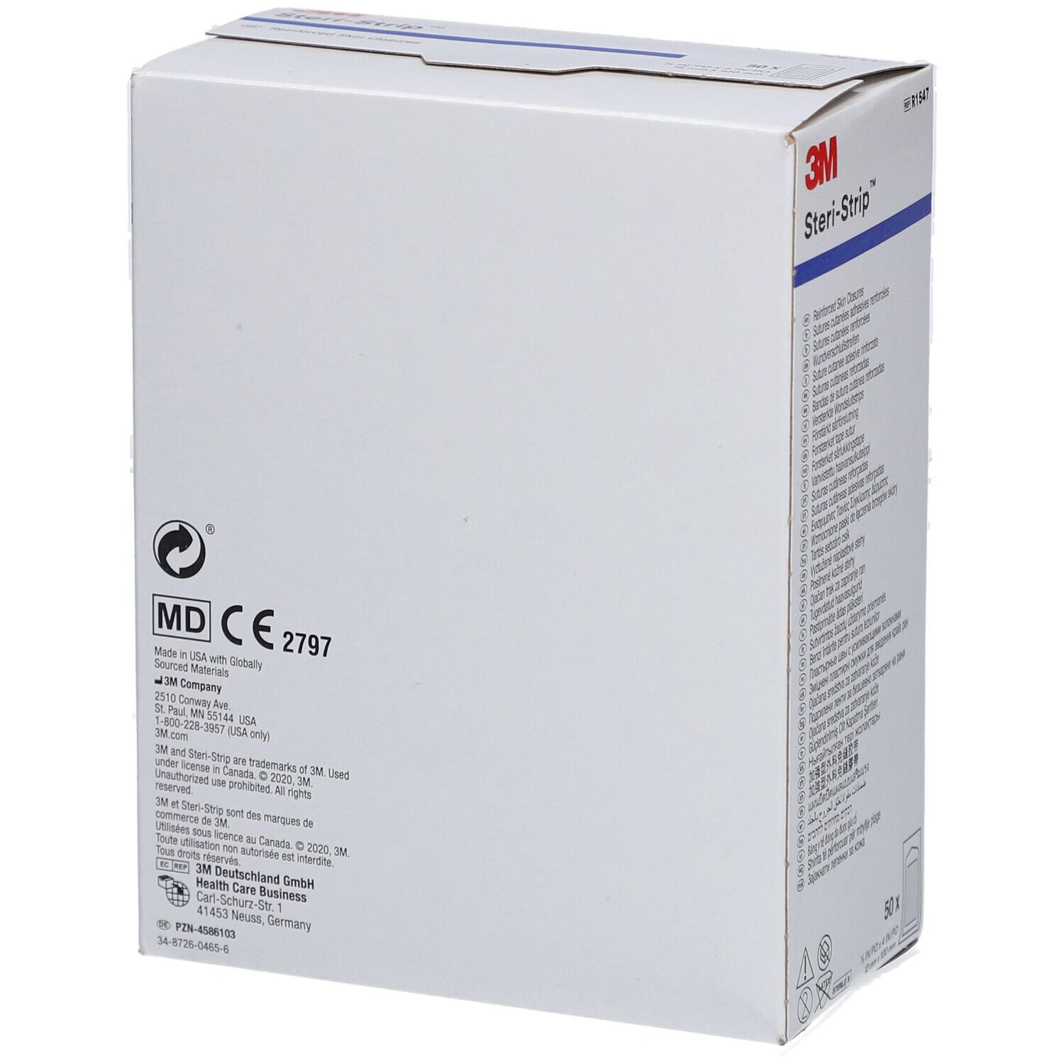 Boîte de 3M Steri-Strip. Inscription: MD CE 2797. Informations fabricant. Arrière.