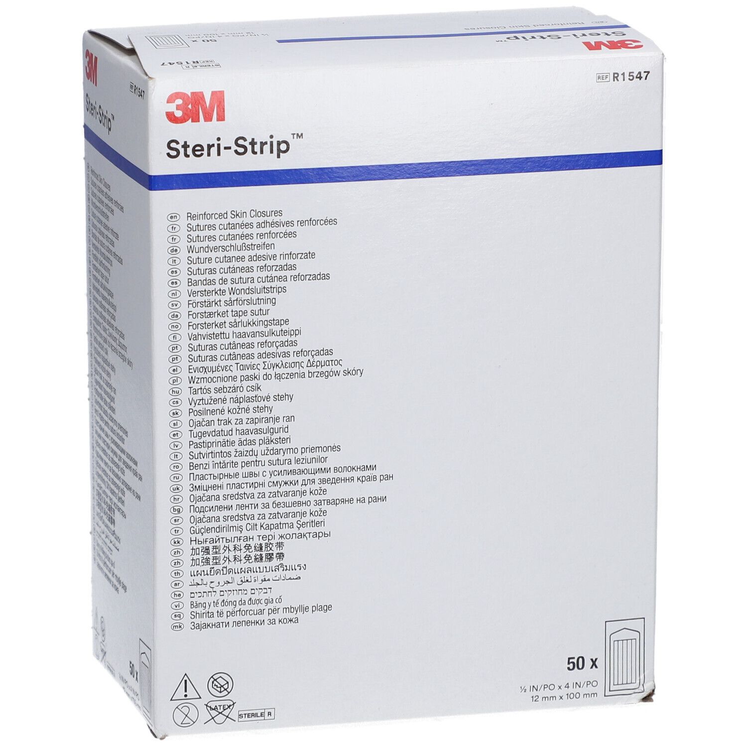 Boîte de 3M Steri-Strip. Inscription: Reinforced Skin Closures. 50 pièces, 12 x 100 mm.