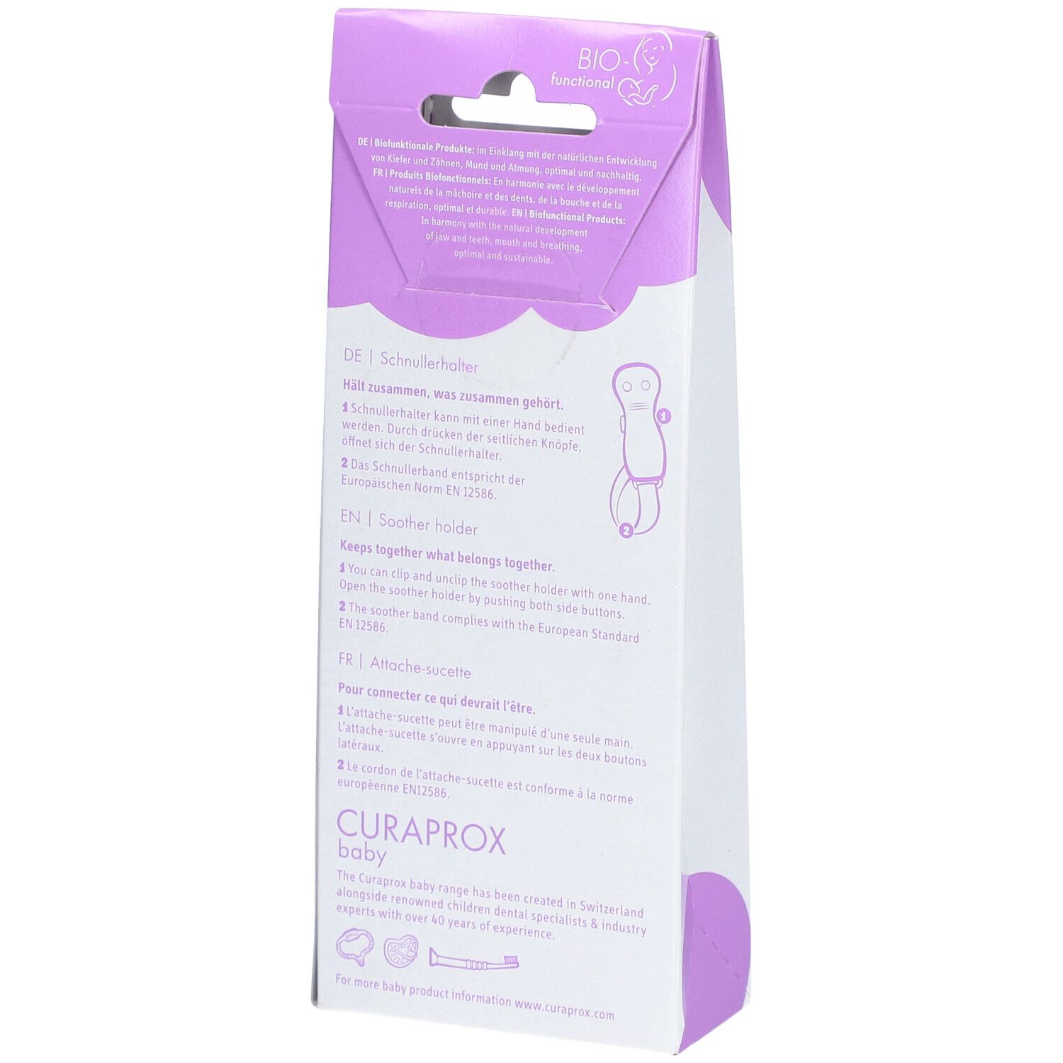 Rückseite der Verpackung des Schnullerhalters. Text in Deutsch, Englisch und Französisch. CURAPROX Baby. BIO-Funktional.
