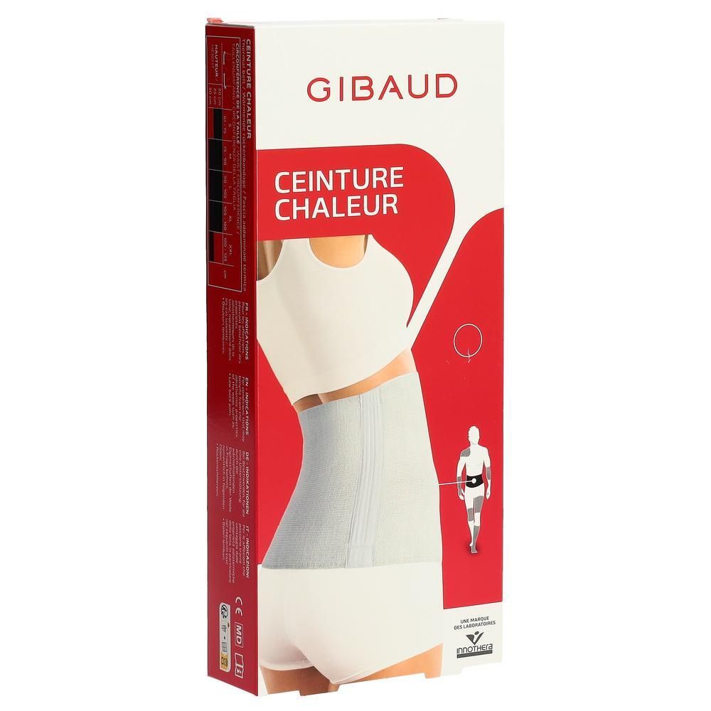 Verpackung mit Produktabbildung. Marke GIBAUD. Text: CEINTURE CHALEUR. Abbildung eines Lendenwirbelgürtels.