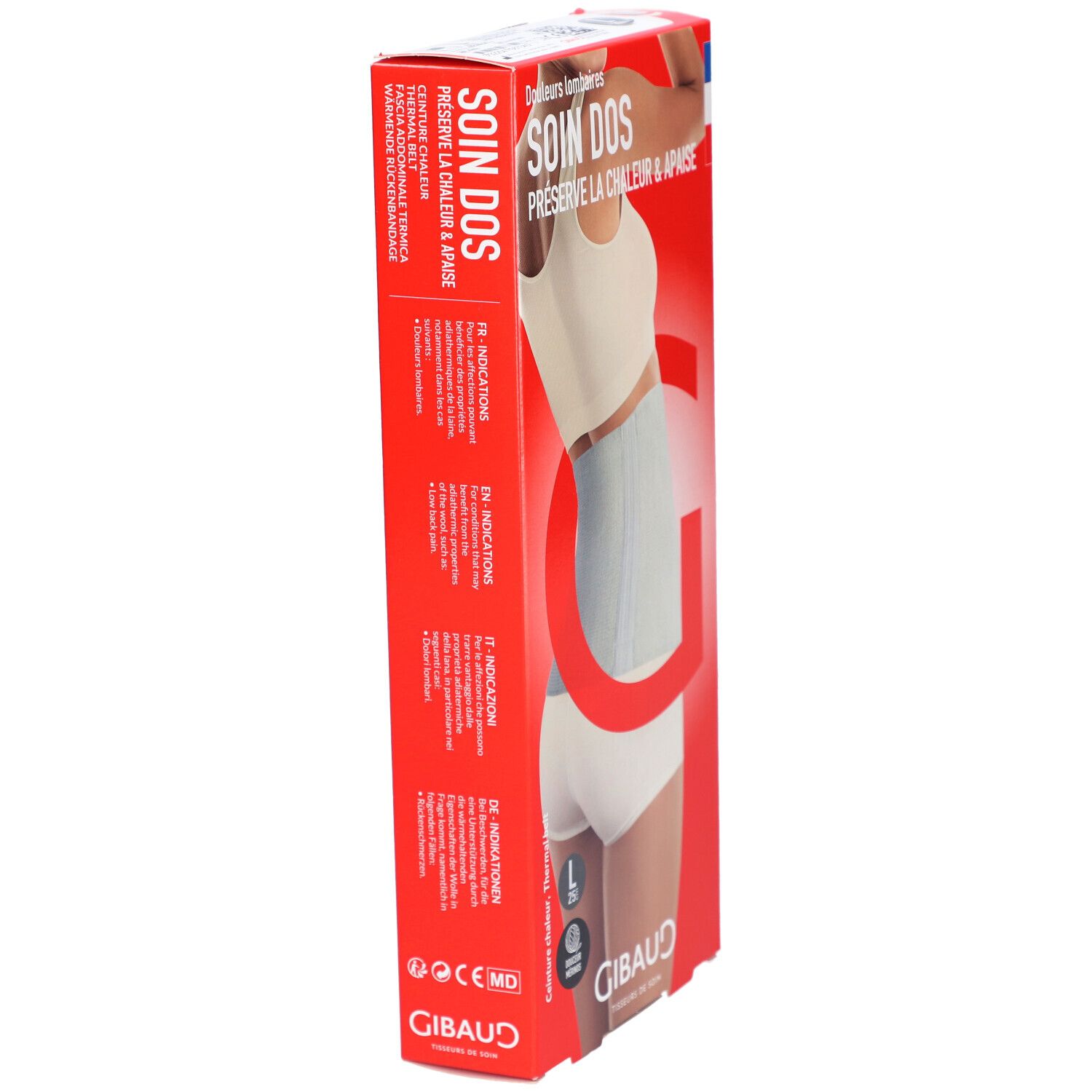 Boîte rouge, vue latérale. Texte: SOIN DOS, illustration du produit. Marque: GIBAUD. Marquage CE.