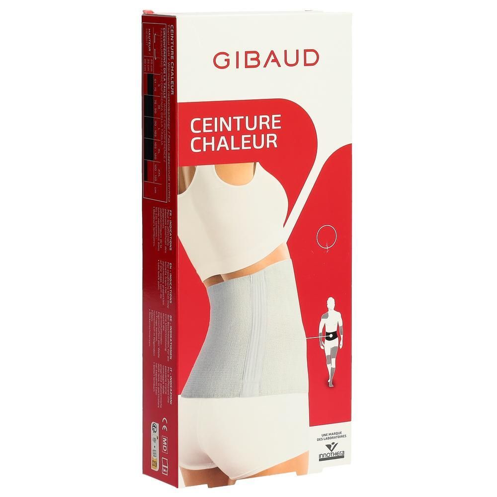 Verpackung mit Produktabbildung. Aufschrift: GIBAUD, CEINTURE CHALEUR. Produkt: Thermogürtel, écru.