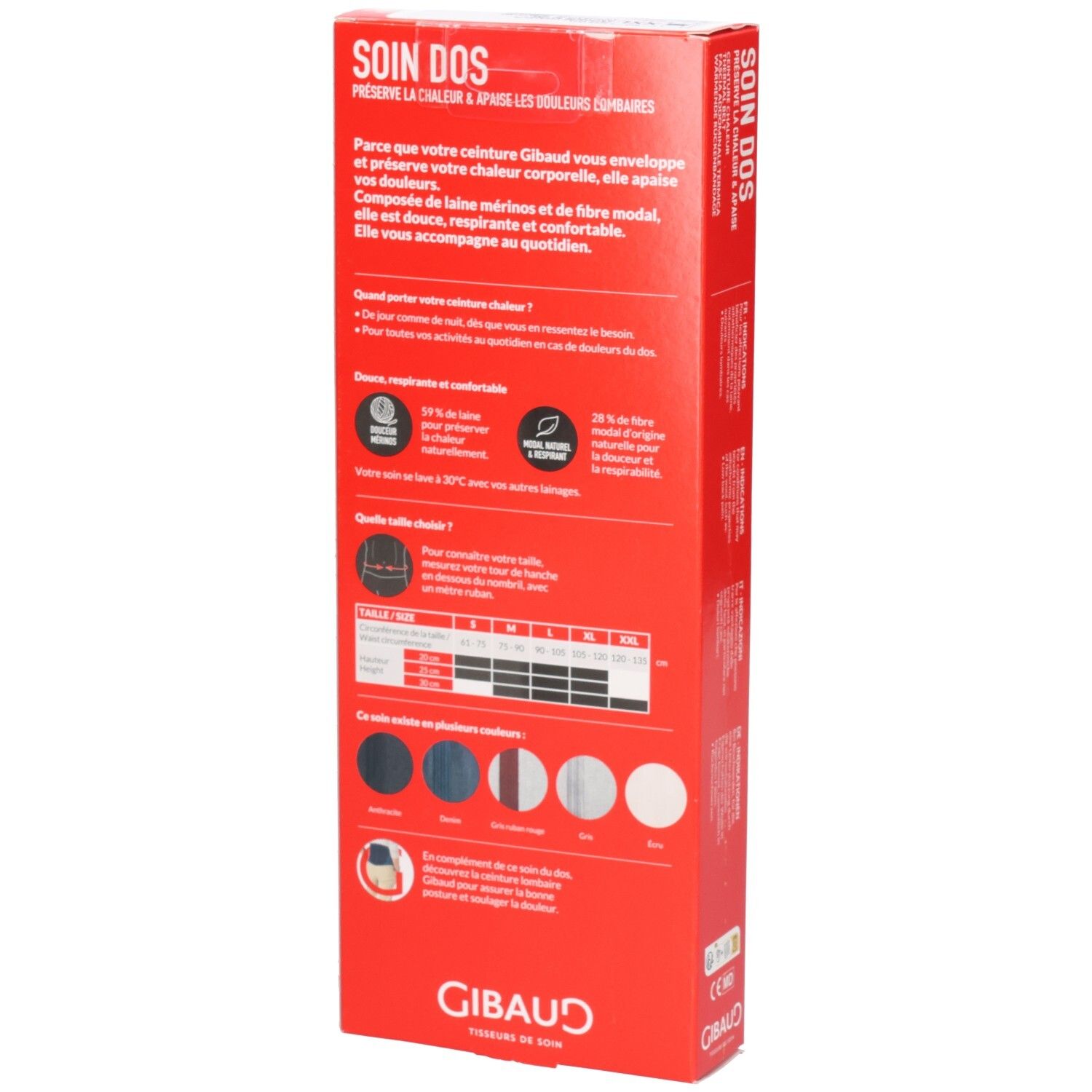 Rückseite der Produktverpackung. Text in französischer Sprache. Größenangaben und Materialzusammensetzung.